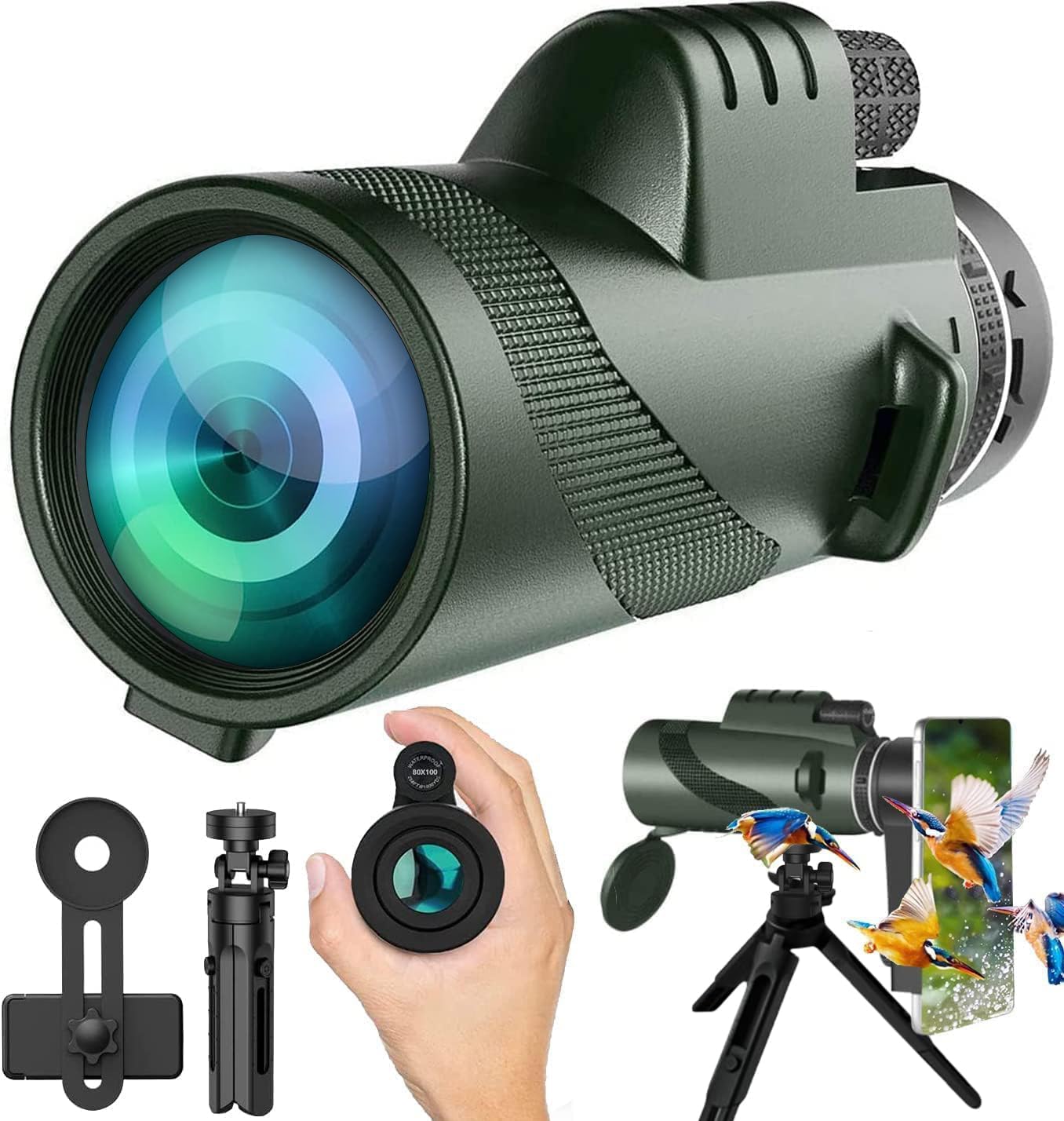 Monocular Telescope 80x100 High Powered for Adults for Smartphone Adapter Telescope Hunting Wildlife Bird Watching Travel Camping Hiking-Green - Image 2