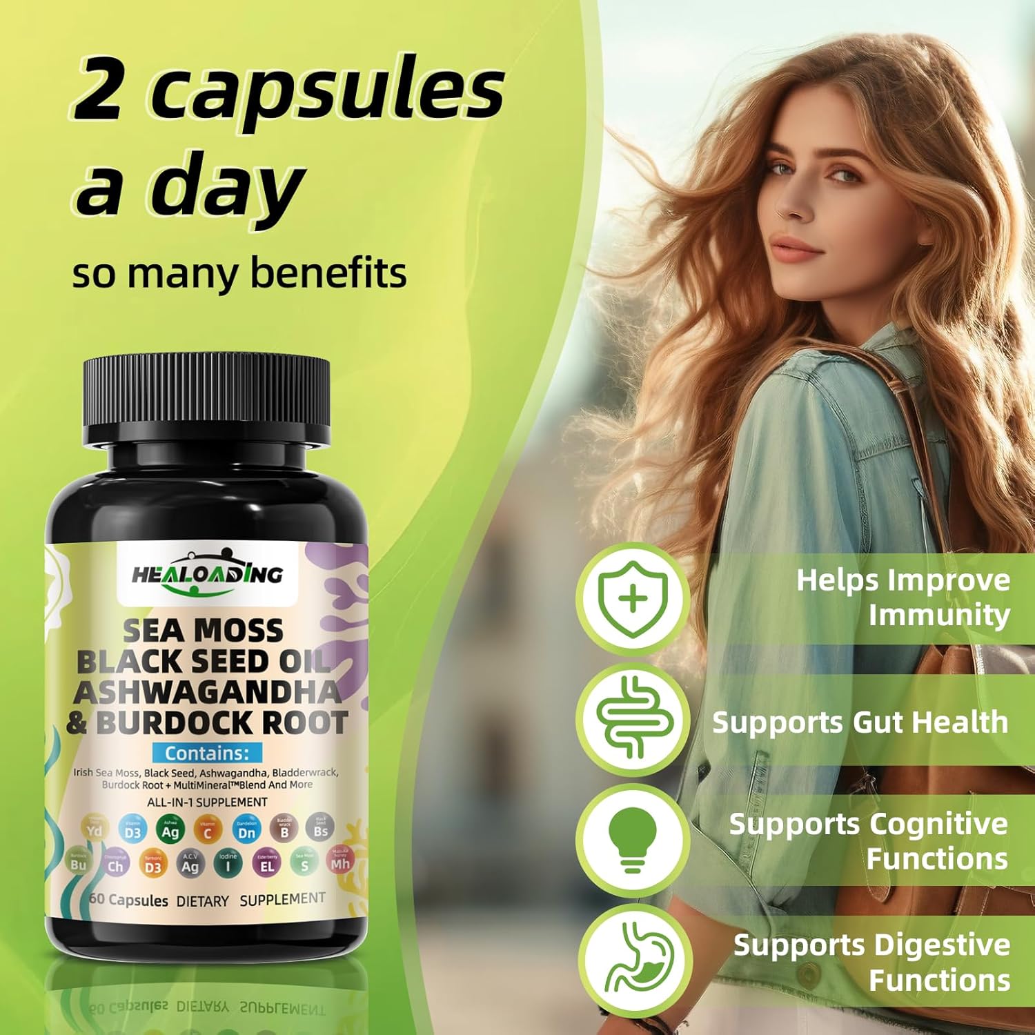 Sea Moss Capsules with Black Seed Oil, Ashwagandha, Turmeric, Bladderwrack, Burdock, Vitamin C&D3 for Immune System, Skin and Energy Support - Image 4