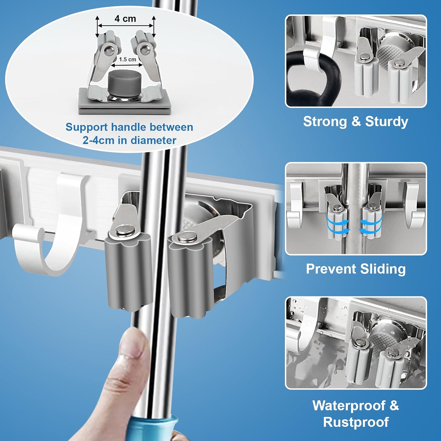 Mop and Broom Holder Wall Mount Metal Heavy Duty Utility Hooks Broom Organizer Garage Storage Systems Tool Racks for Home Laundry Garden Kitchen Organization (Silver, 2 Pack 3R4H) - Image 5
