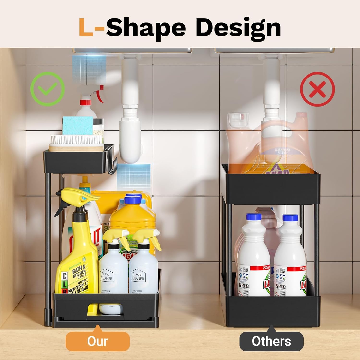 2 Pack Under Sink Organizers and Storage, 2 Tier L-Shape Pull Out Under Cabinet Organizer, Black Under Bathroom Kitchen Sink Organizer with Drawer for Under Counter Storage Organizer - Image 7