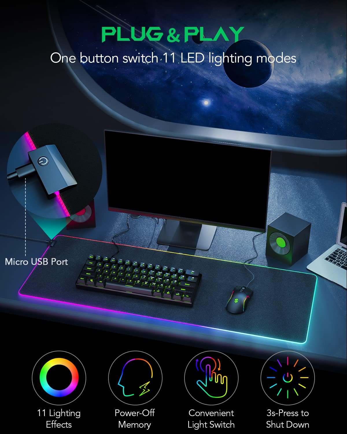 Black Shark RGB Mouse Pad 35.4"x15.75"x0.15" Extended Desk Mat with Smooth Surface and 11 Lighting Effects, Desk Pad with Anti-Fray Stitched Edges and Non-Slip Rubber Base, Gaming Mouse Pad Manta P7 - Image 3