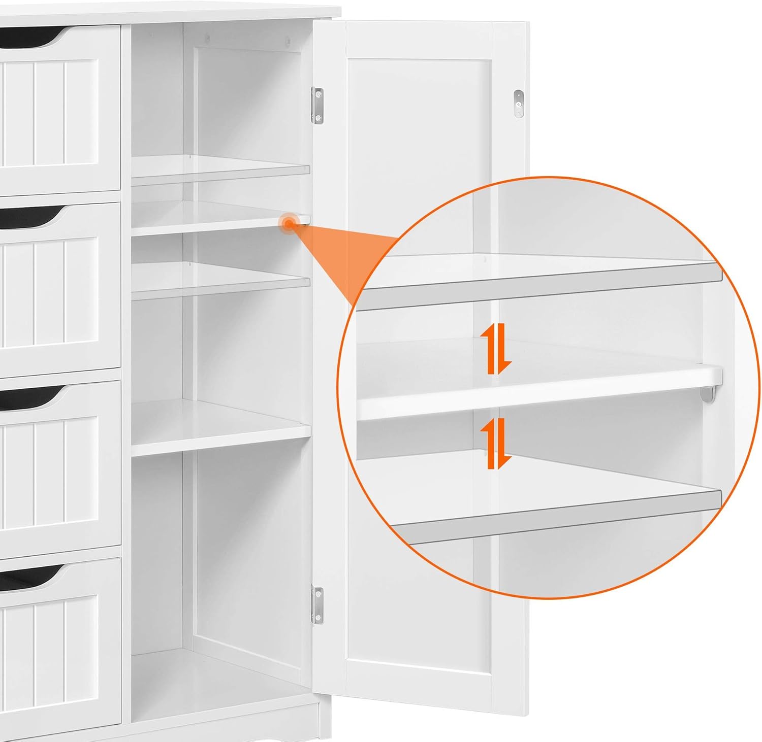 Yaheetech Wooden Floor Cabinet, Side Storage Organizer with 4 Drawers and 1 Cupboard, Freestanding Entryway Storage Unit Console Table, Bathroom Furniture Home Decor, White - Image 9