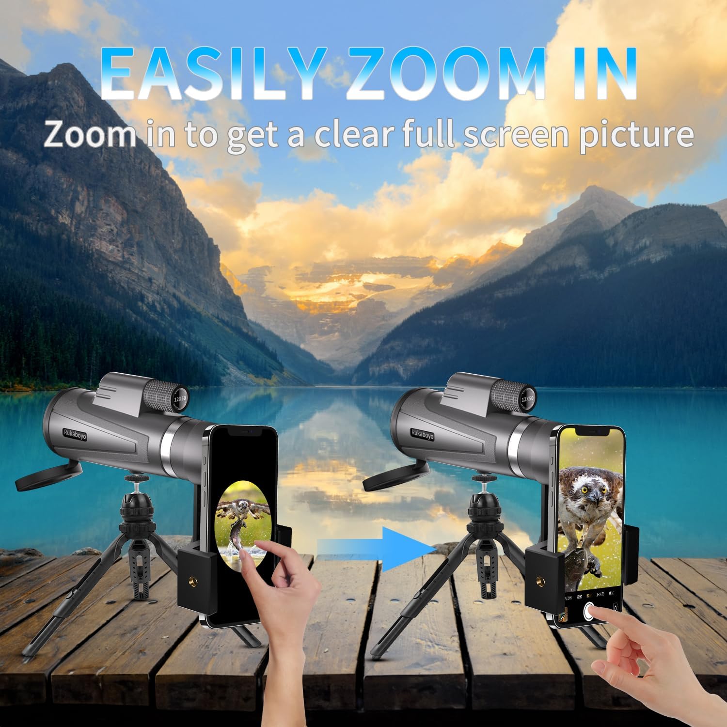 12X50 HD Monocular Telescope High Powered with Smartphone Adapter &Tripod - BAK4 Prism Monocular for Wildlife Bird Watching Hunting Travel Camping Stargazing Hiking(Black) - Image 5