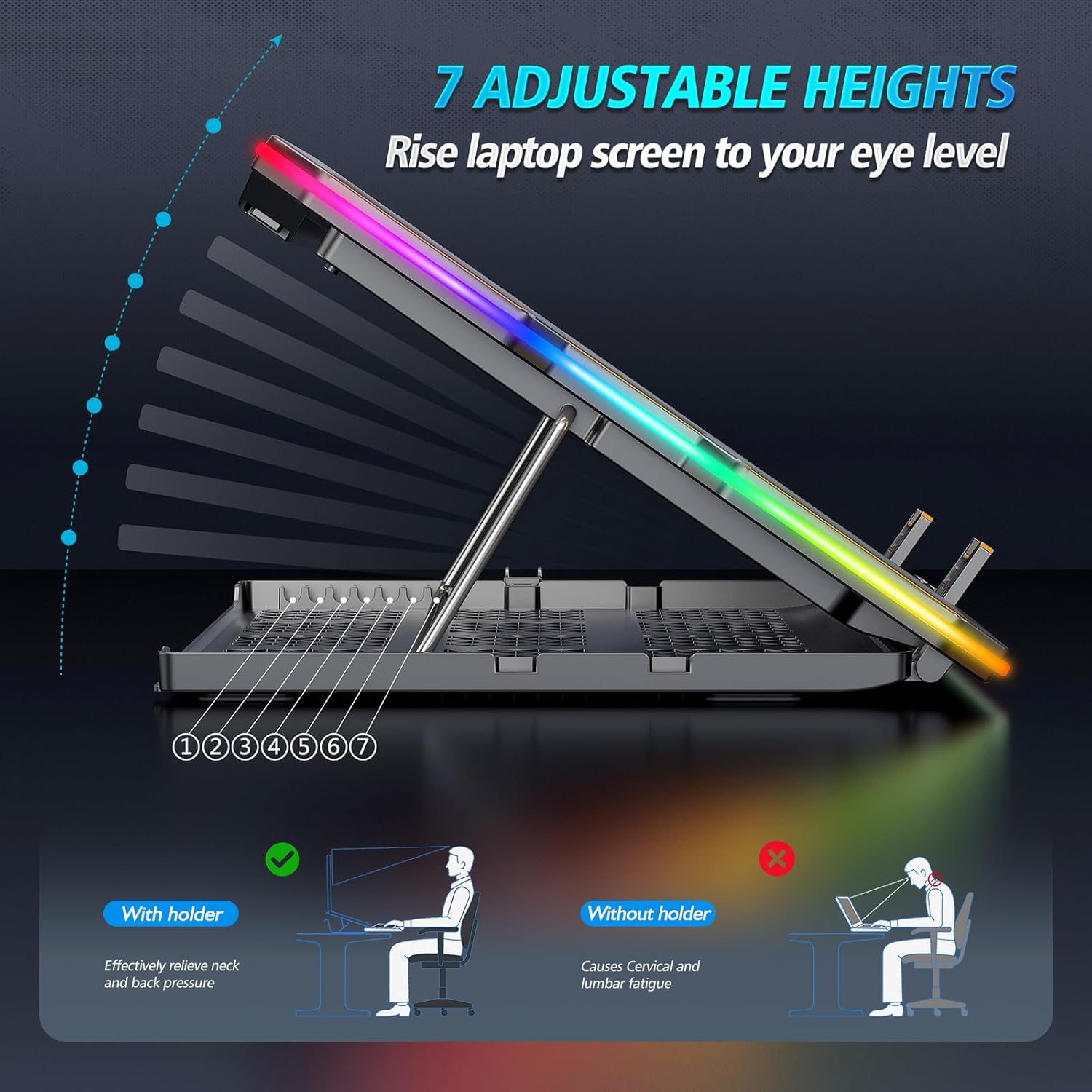 Laptop Cooling Pad, Gaming Laptop Cooler with 15 Quiet Fans for 12-17.3 Inch Notebook, Slim Portable RGB Laptop Cooling Stand with 7 Height Adjustable,2 USB Ports, Phone Stand - Image 4
