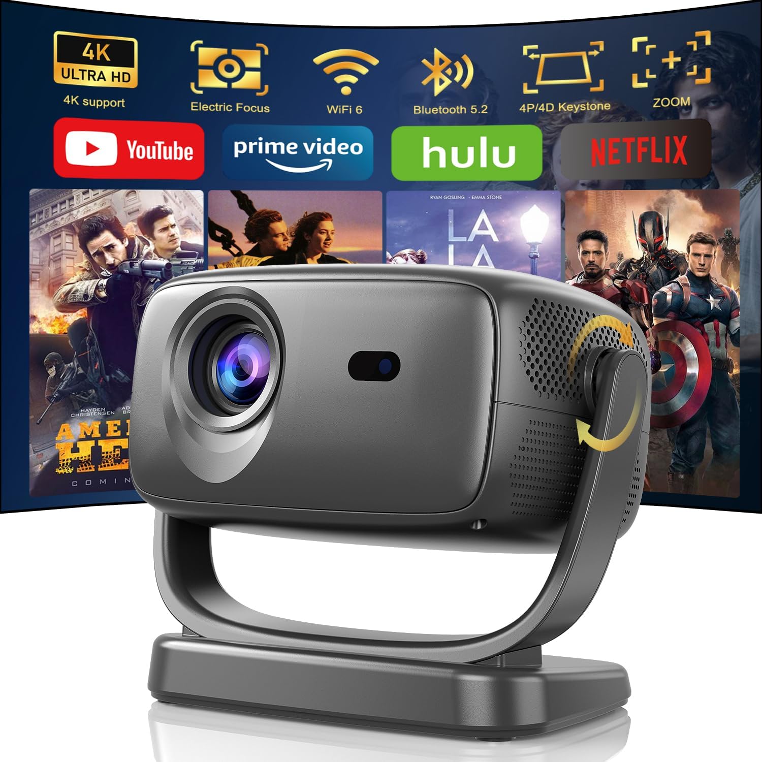 4K Smart Projector with 5G WiFi and Bluetooth 5.2, 600 ANSI Portable Projector with Built in App, 1080P Outdoor Movie Projector with 4P4D Correction, Max 220" Compatible with iPhone/Android/TV Stick - Image 2