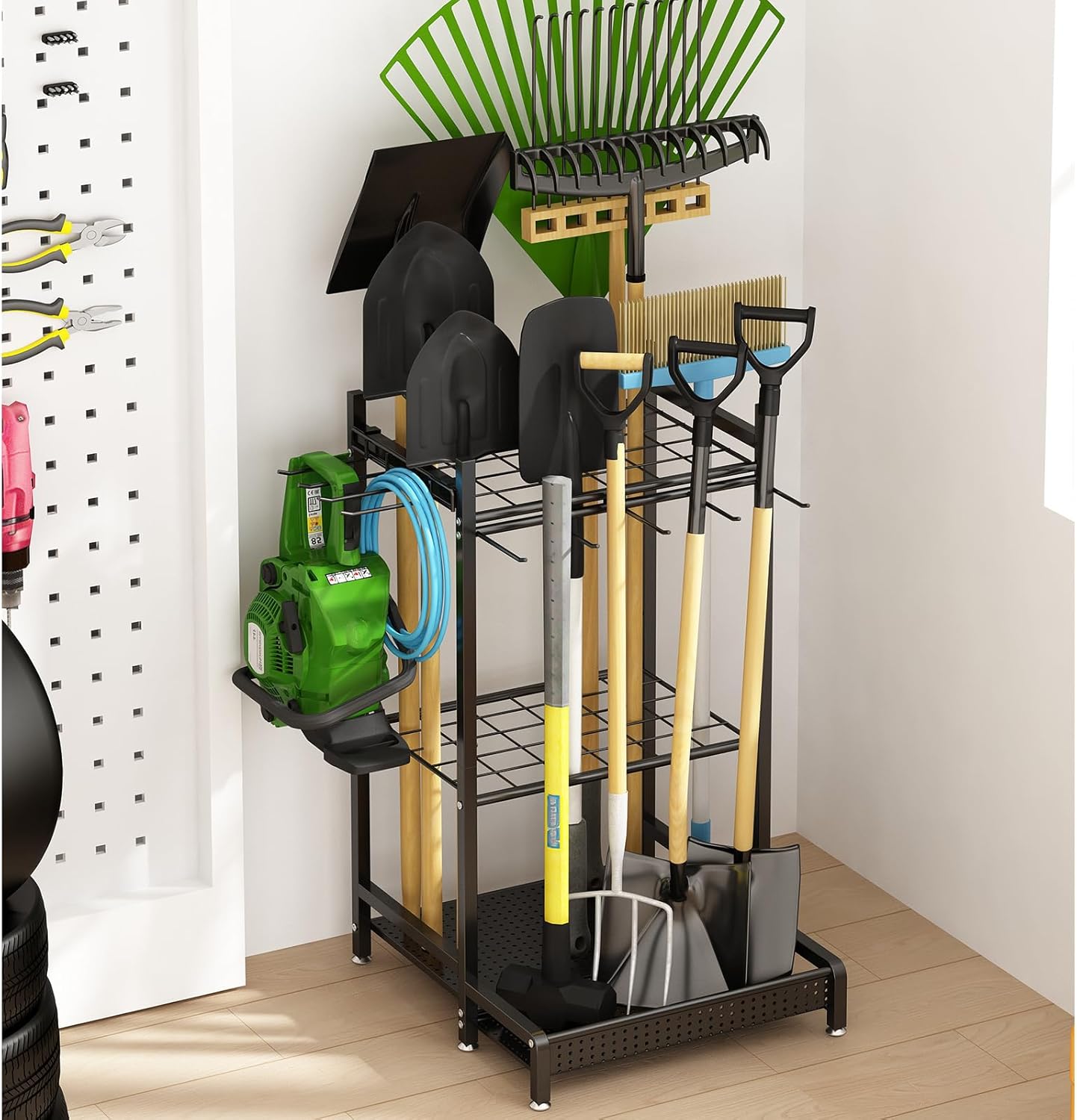GILLAS Garden Tool Organizer for Garage, Utility Storage Racks with Hooks, Metal Yard Tool Stand Holder Organizer for Long-Handled, Broom, Shovel, Rake, Sturdy Heavy Rack for Outdoor, Yard, Black - Image 7