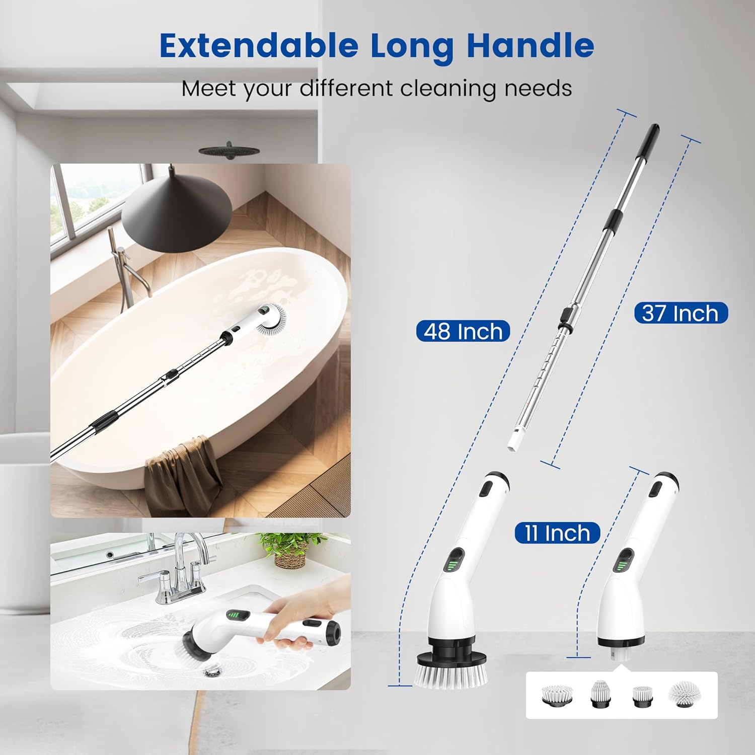 Electric Spin Scrubber, New Cordless Shower Cleaning Brush with Replaceable Brush Heads, Adjustable Speeds, and Adjustable Extension Handle for Bathroom Floor and Tile - Image 6