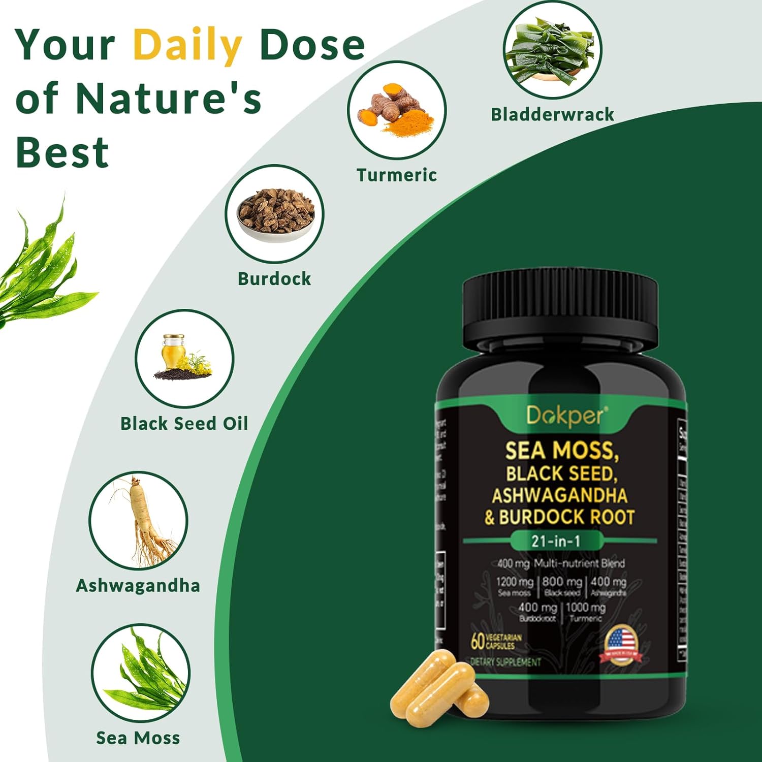 Sea Moss, Ashwagandha, Black Seed Oil Supplement, Vitamin C & D3 with Turmeric, Bladderwrack & Burdock Root, Natural Herbal Support for Men & Women 60 Capsules, Dietary Supplements, Pack of 1 - Image 5