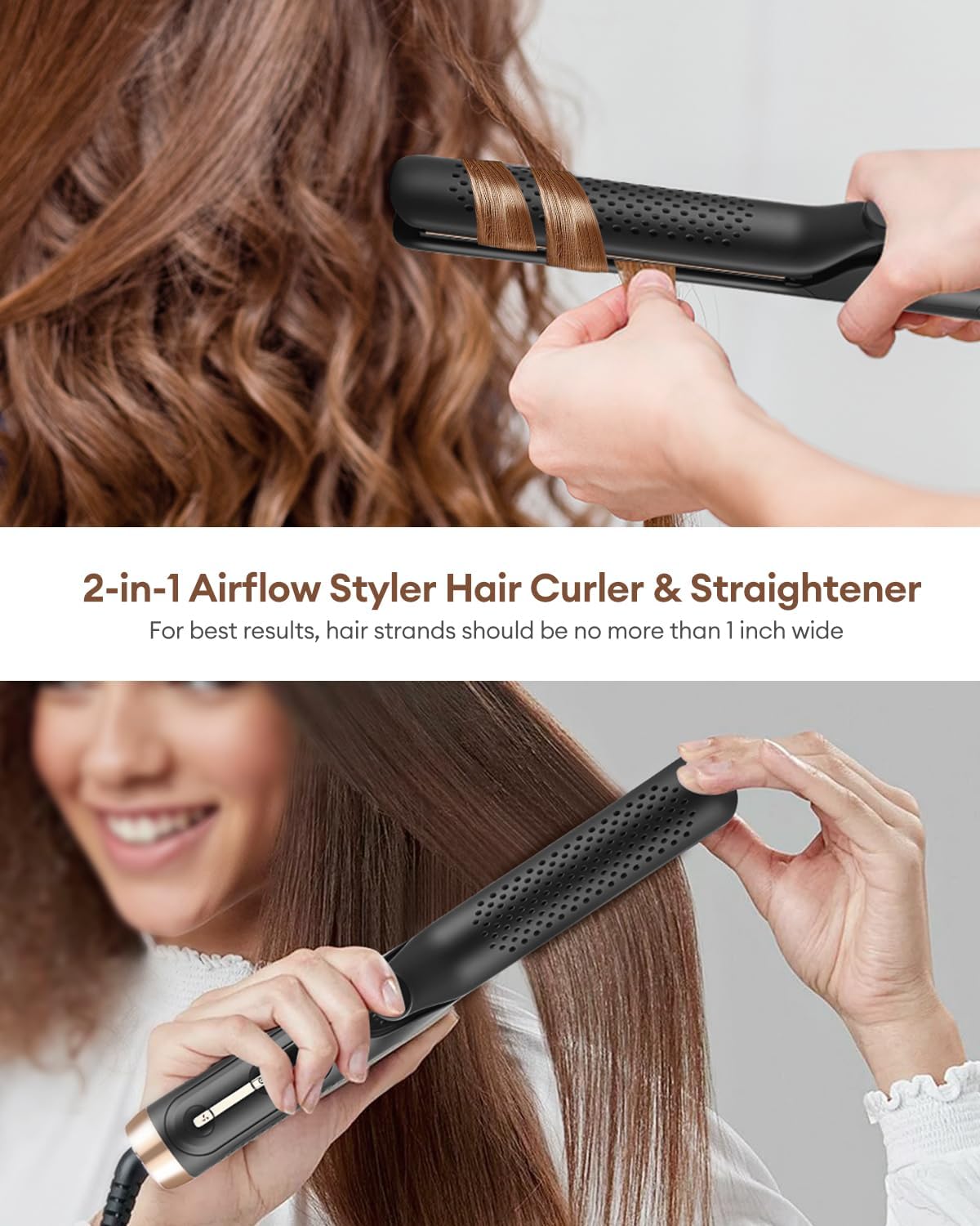 360° Airflow Styler - Professional 2-in-1 Curling Iron and Straightener with Ionic Airflow - Titanium Flat Iron with Cooling Air Vents to Lock in Style, 5 Adjustable Temp, Auto Shut Off - Image 4