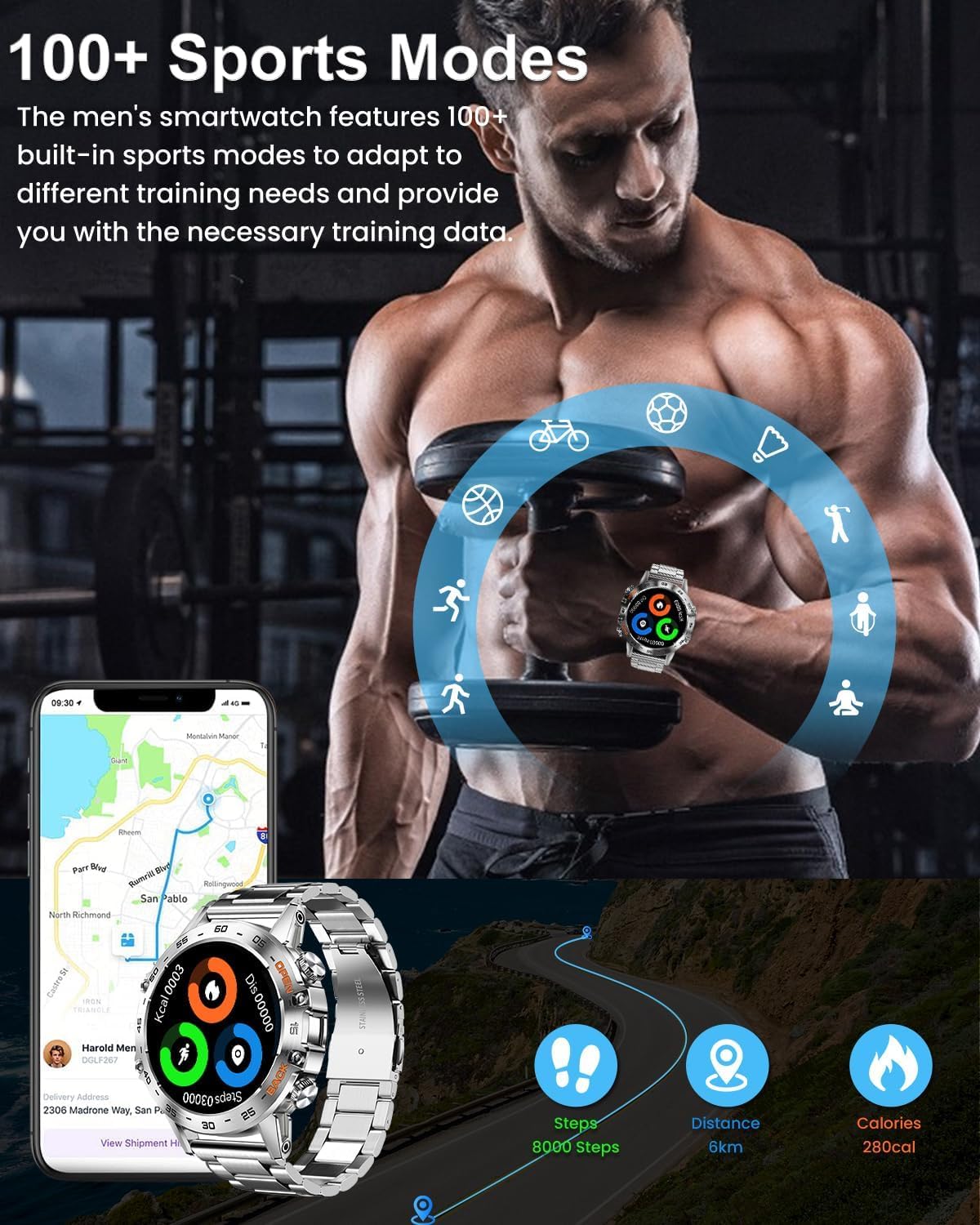 Military Smart Watches for Men(Answer/Make Call), Tactical Smartwatch for Android iOS, 400mAh Battery/Sports Tracking/Health/Sleep Monitoring - Image 4