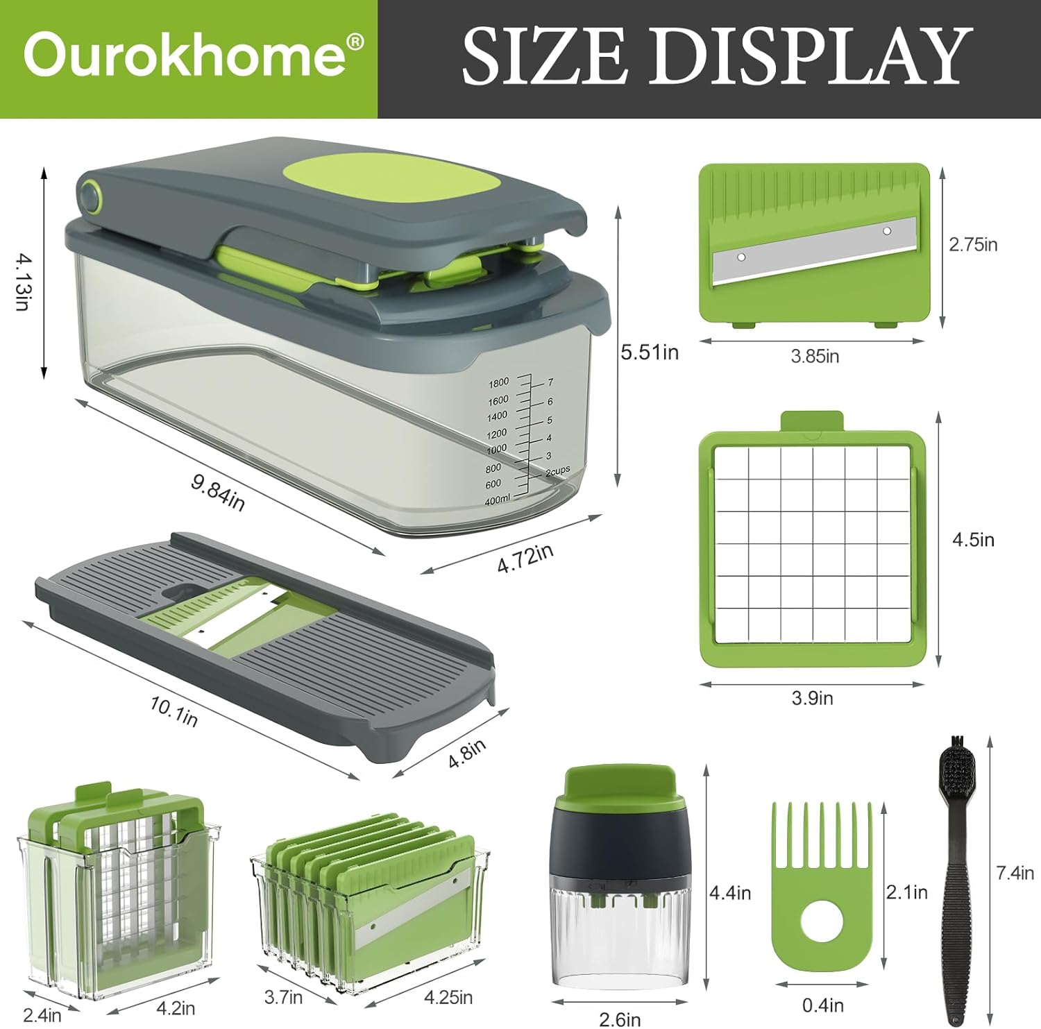 Ourokhome Veggie Chopper and Dicer with Container, Manual Hand Food Mandolin Slicer with 4 in 1 Handheld Vegetable Spiralizer for Zucchini, Potato, Onion, Essential Kitchen Gadgets (12 in 1, Gray) - Image 7