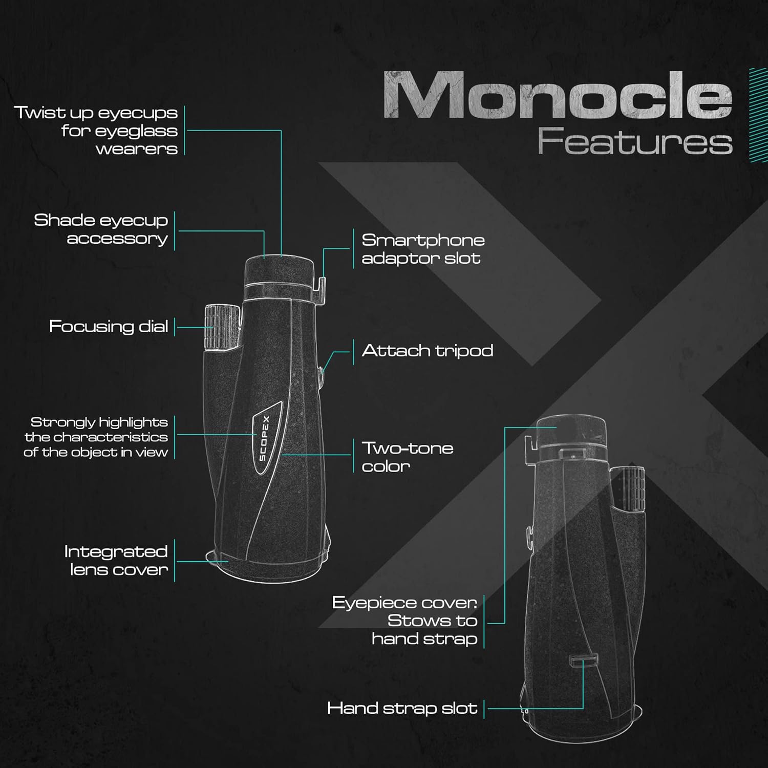 Scopex 12x60 HD Monocular Telescope, Patented Smartphone Adapter, Strong Tripod, Extra-Large Eyepiece, Waterproof. - Image 9