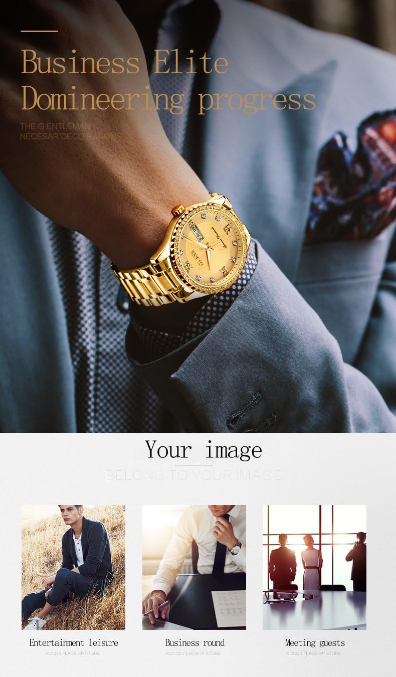OLEVS Diamond Watches for Men,Business Dress Watch Waterproof Luminous,Male Golden Big Dial Luxury Casual Quartz Analog Watches with Day Date Calendar and Stainless Steel Band - Image 7