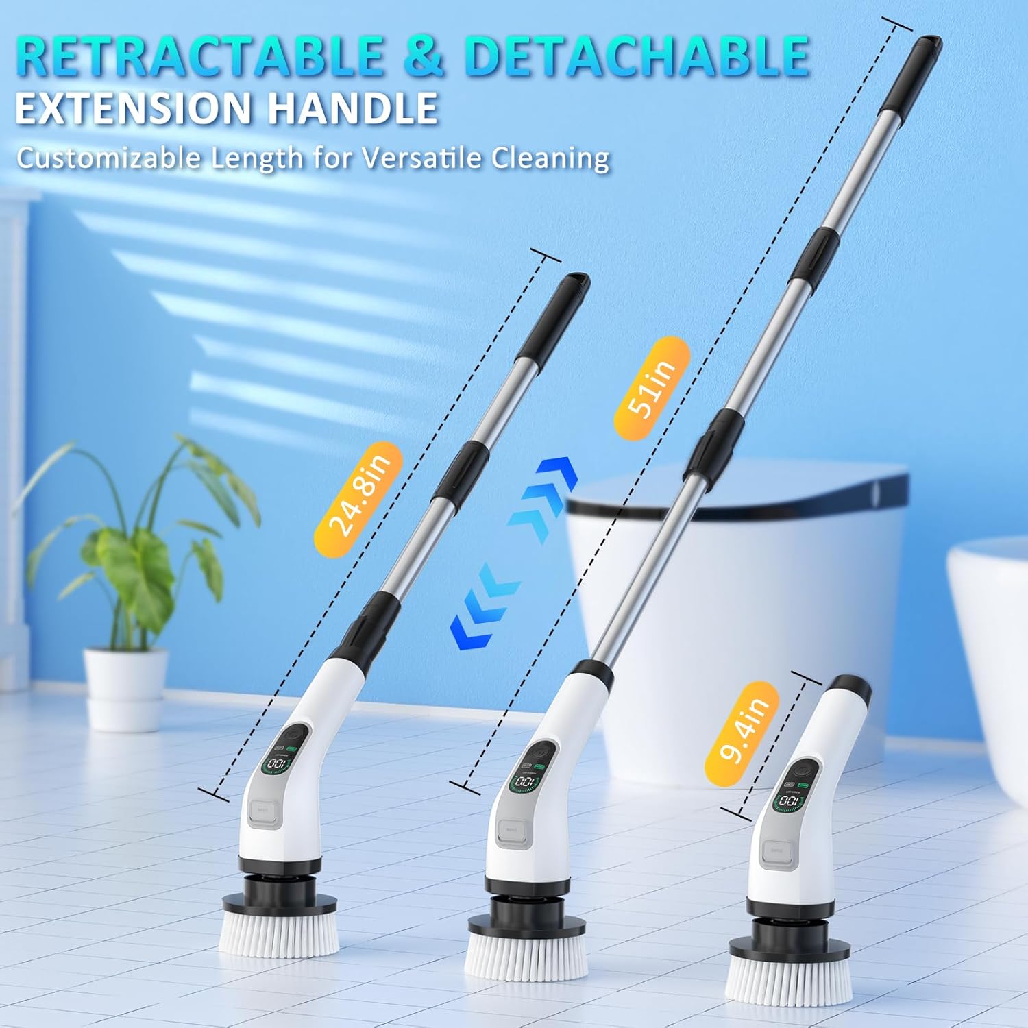 Electric Spin Scrubber, IPX7 Waterproof Power Shower Scrubber with Extension Handle, 7 Replaceable Brush Heads & 3 Hard Bristle Crevice Cleaning Brushes Cleaning Supplies for Bathroom Tub Tile Floor - Image 5