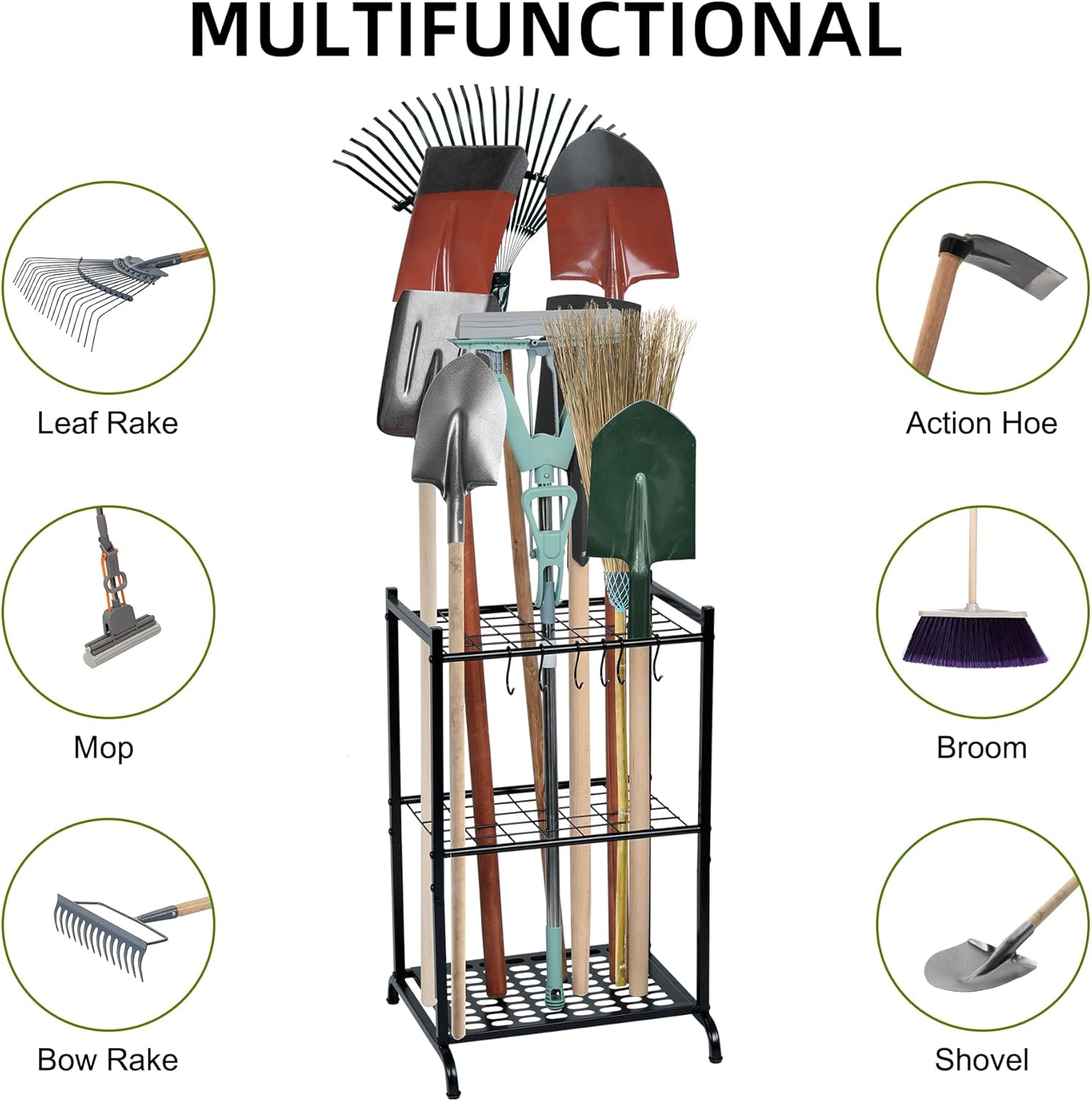 Garden Tool Organizer with Storage Hooks, Yard Tool Tower Rack for Garage Organization and Storage, Up to 35 Long-Handled Tools, Metal Tool Holder with 6 Hooks, Black - Image 7
