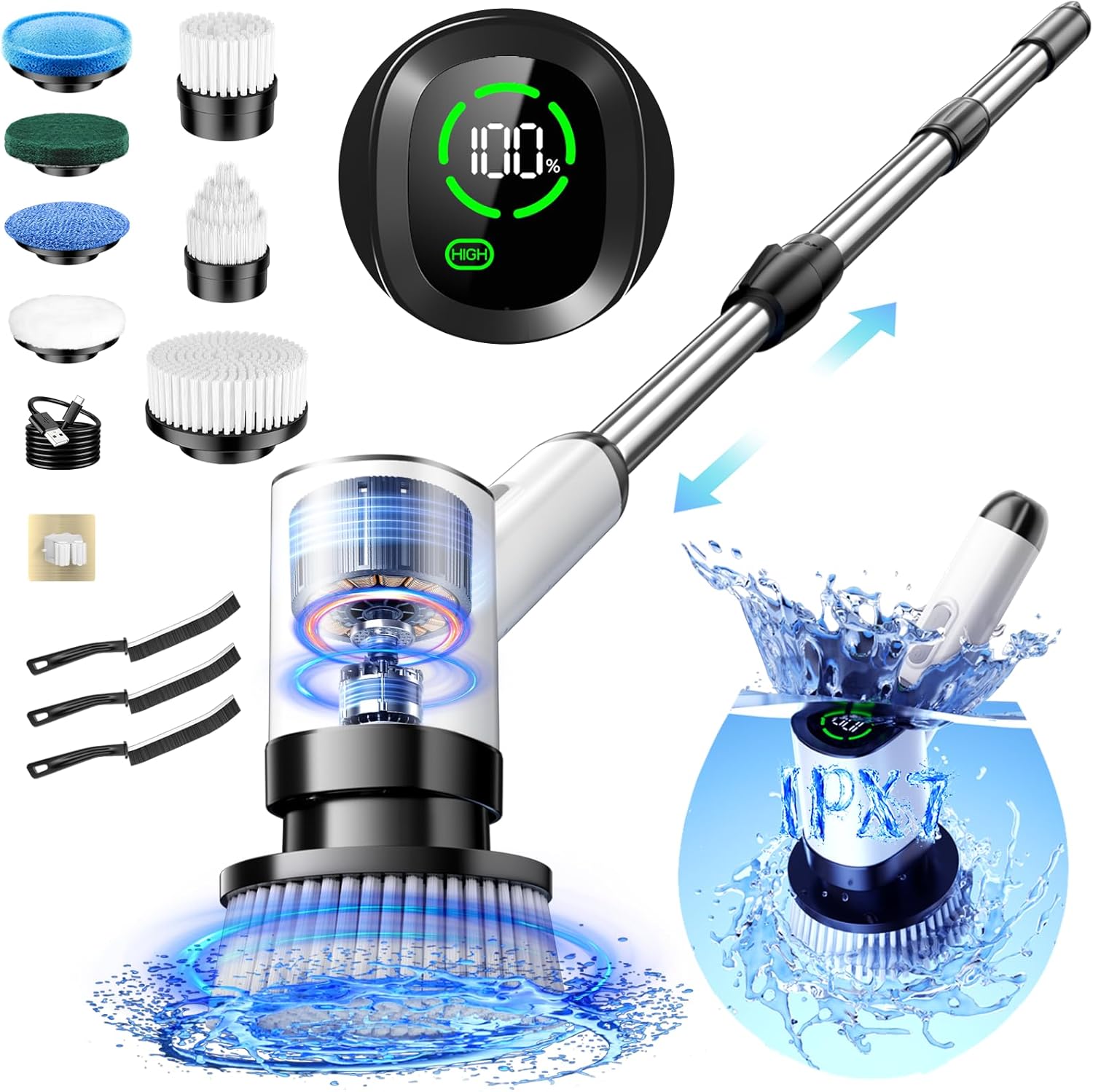 Electric Spin Scrubber, IPX7 Waterproof Cordless Power Shower Scrubber with Extension Handle, 7 Replaceable Brush Head&3 Bristle Crevice Brushes, 2 Speeds Power Scrubber for Bathroom, Kitchen Cleaning - Image 2
