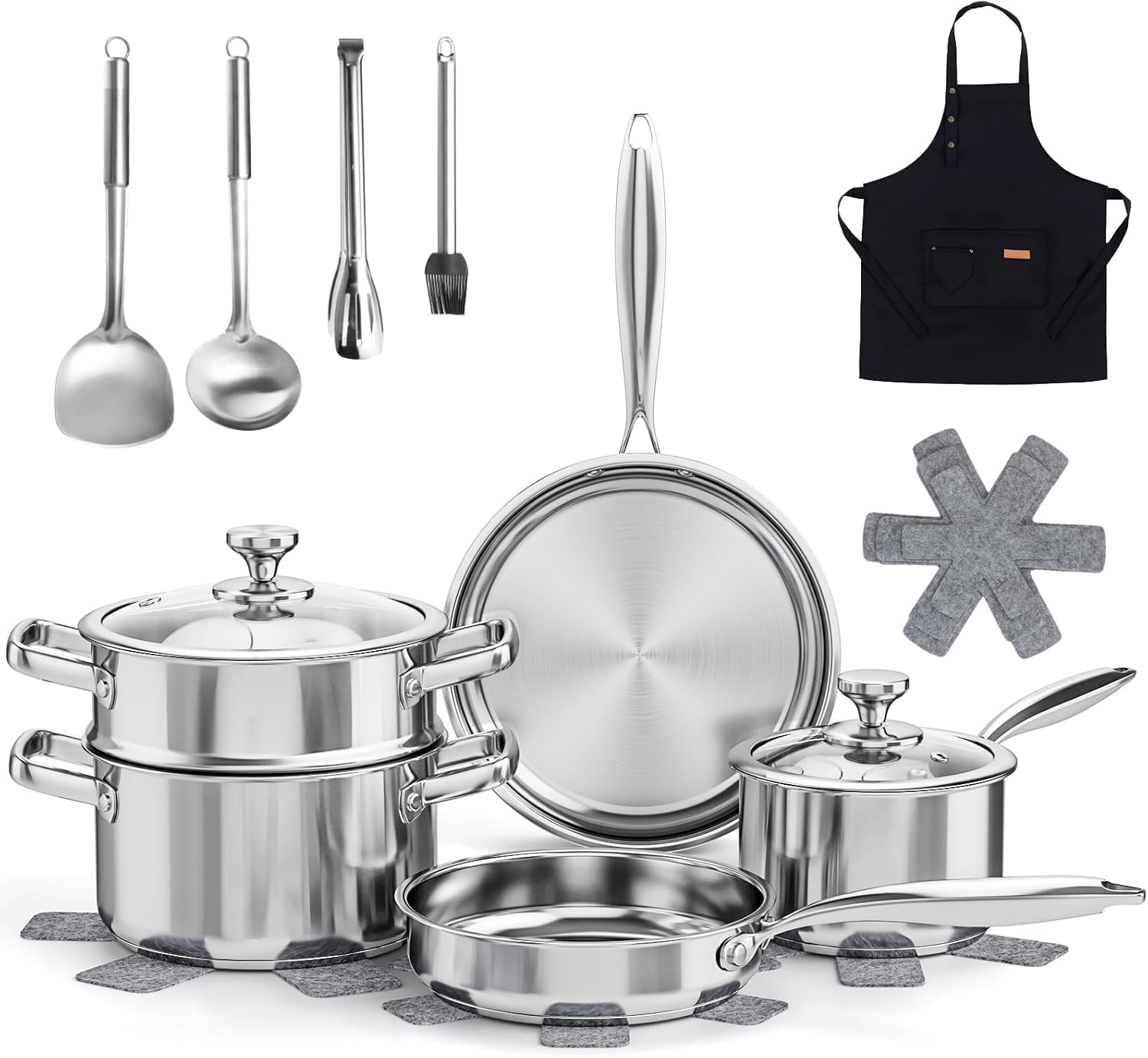 Meythway 𝐔𝐏𝐆𝐑𝐀𝐃𝐄 Pots and Pans Set Non Toxic, 16PCs Stainless Steel Cookware Set with Steamer, Kitchen Induction Cookware with Utensil Sets, Pot Protectors and Apron For Oven & Dishwasher Safe - Image 2