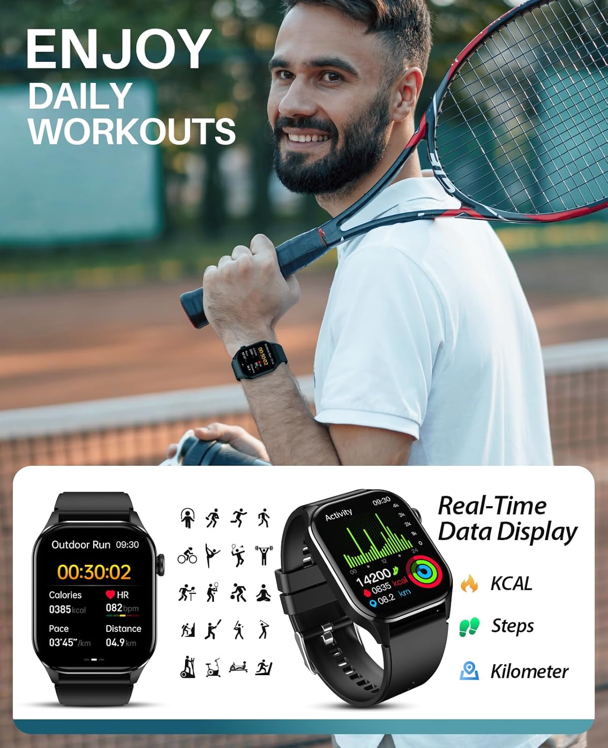 Smart Watch, Infrared True Blood Oxygen Monitor, 2.04-inch AMOLED Display, Heart Rate Sleep Blood Pressure, 136+ Sports Modes, IP68 Waterproof Fitness Tracker, Compatible with Android and iOS - Image 4