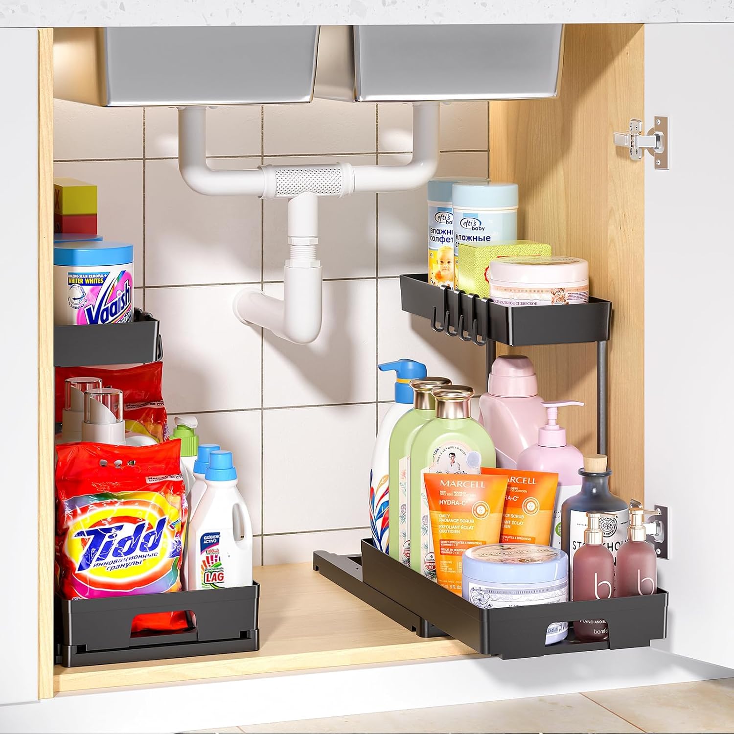 2 Pack Under Sink Organizers and Storage, 2 Tier L-Shape Pull Out Under Cabinet Organizer, Black Under Bathroom Kitchen Sink Organizer with Drawer for Under Counter Storage Organizer - Image 9