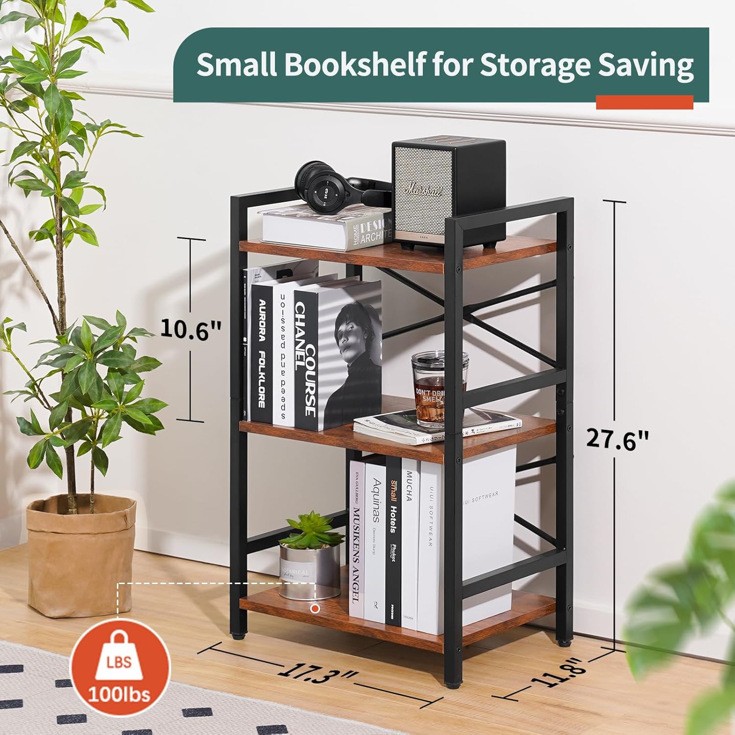 Yoobure Bookshelf Small Book Shelf, Solid Industrial 3 Tier Shelf Bookcase, Short Book Case for Bedroom, Living Room, Office Home, Small Spaces, Berry Brown - Image 4