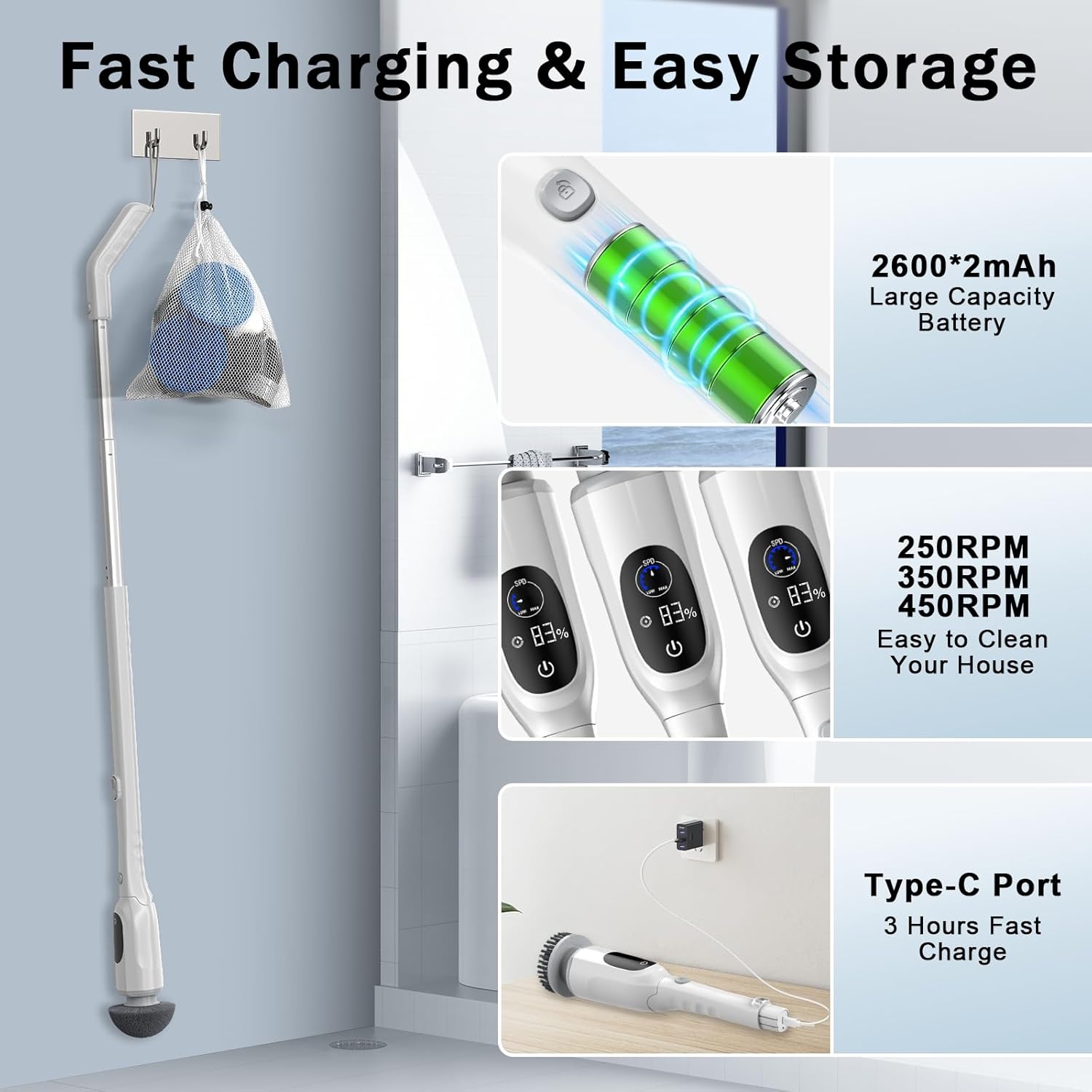 Electric Spin Scrubber, 2025 Upgraded Cordless Bathroom Scrubber, Aluminum Alloy Telescopic Handle, IPX7 Bathtub Electric Cleaning Tool, 3 Speeds Shower Cleaner Brush, 8 Brush Heads, LED Display - Image 4