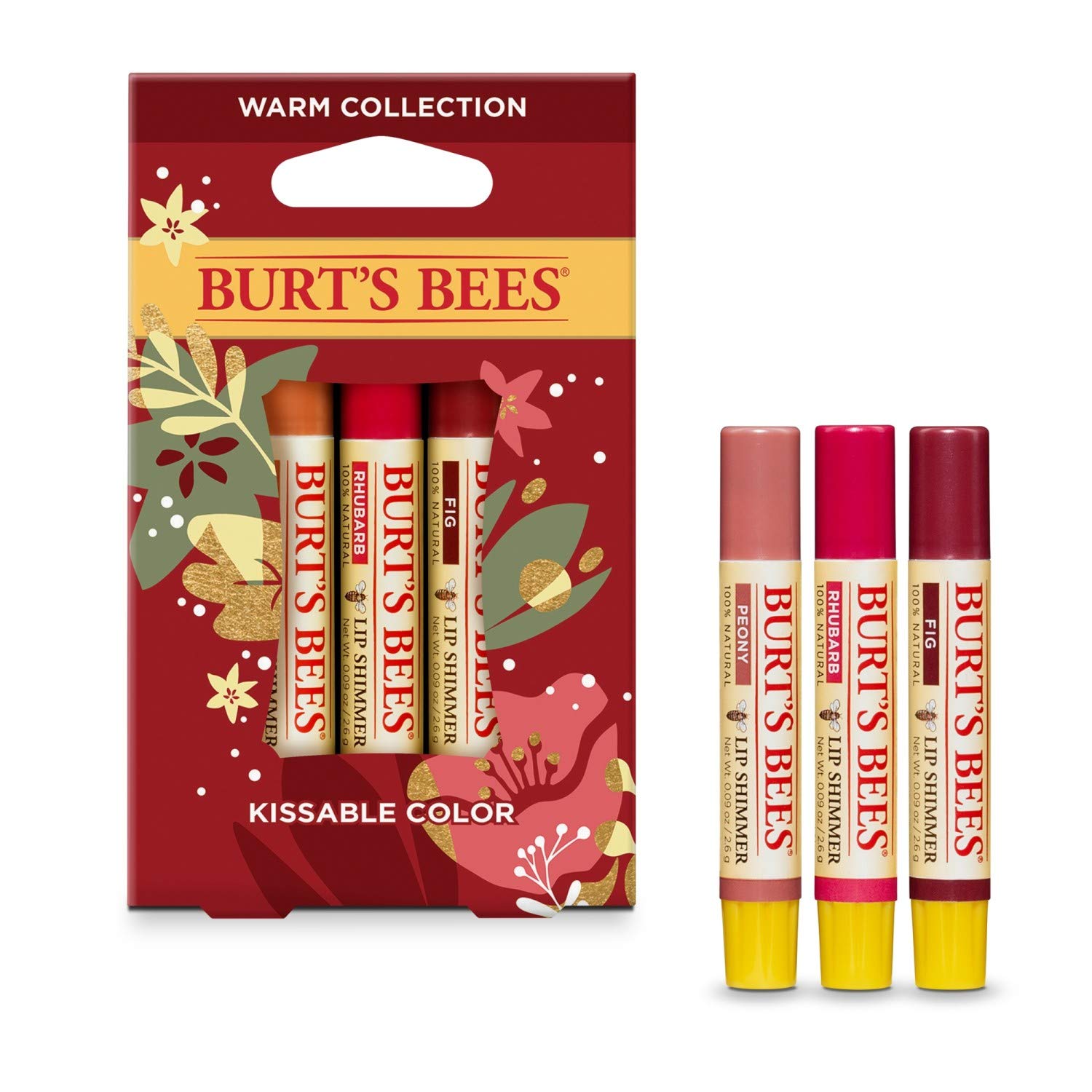 Burt's Bees Kissable Color Holiday Gift Set, 3 Lip Shimmers in Festive Gift Box, Warm Collection in Peony, Fig and Rhubarb - Image 4
