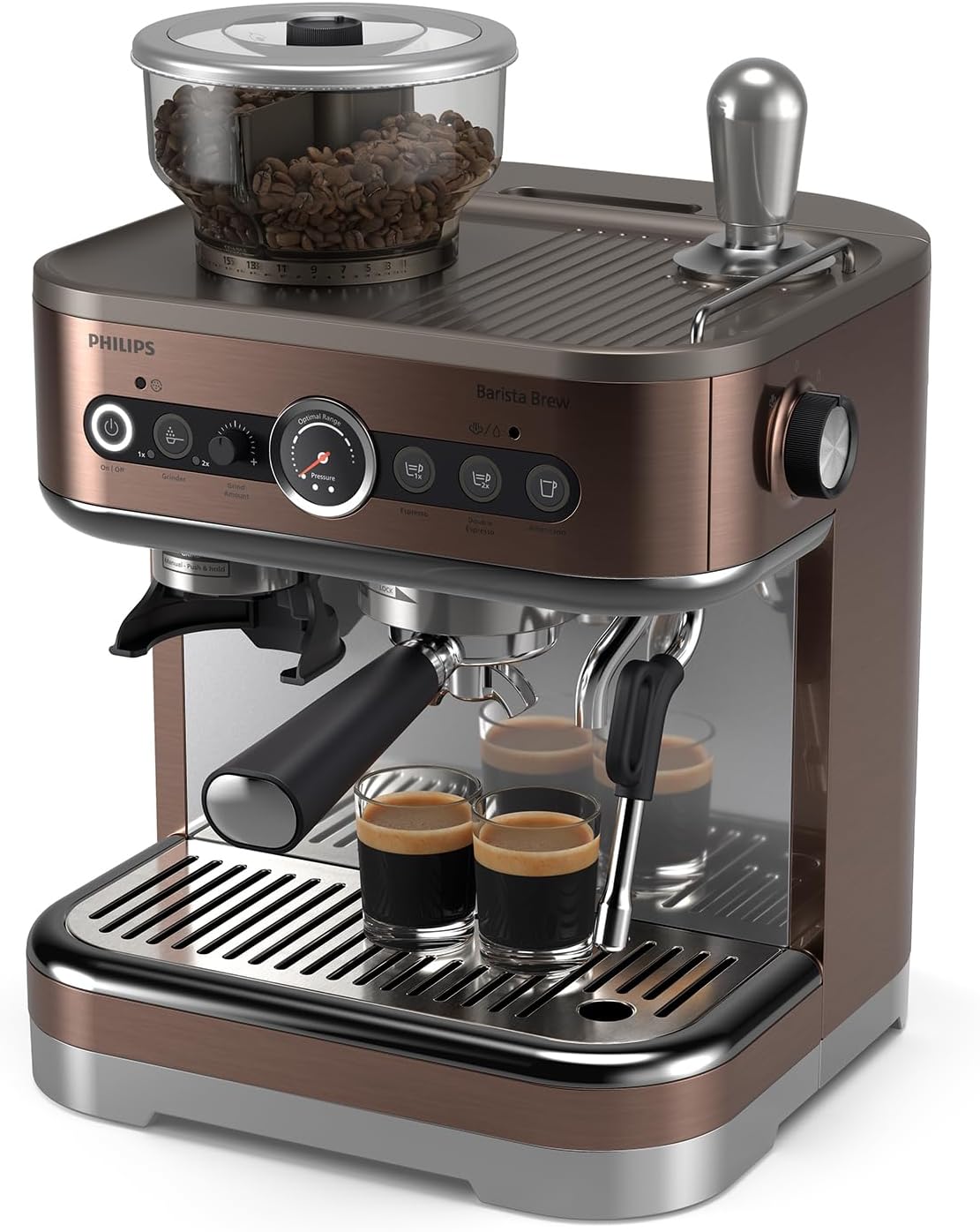 PHILIPS Barista Brew Semi Automatic Espresso Machine - Single & Double Espresso + Americano Button, 280g Dual Bean Container + Grinder, Intuitive Guidance, Calibrated Tamping, Metal Cappuccino - Image 3