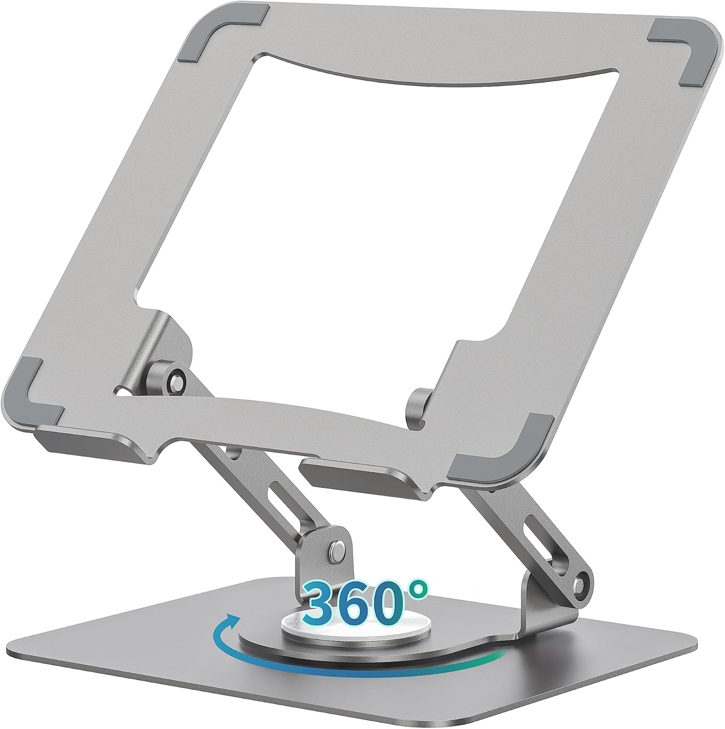 SOUNDANCE Laptop Stand with 360° Rotating Base, Ergonomic Computer Riser for Desk, Adjutable Height Muti-Angle, Foldable Laptop Mount, Stable Metal Holder Support 10-15.6" Notebook PC, Silver Grey - Image 2