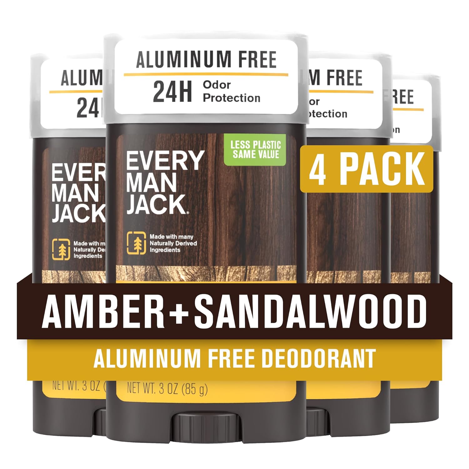 Every Man Jack Amber + Sandalwood Men’s Deodorant - Stay Fresh with Aluminum Free Deodorant For all Skin Types - Odor Crushing, Long Lasting, with Naturally Derived Ingredients - 3oz (4 Pack) - Image 2