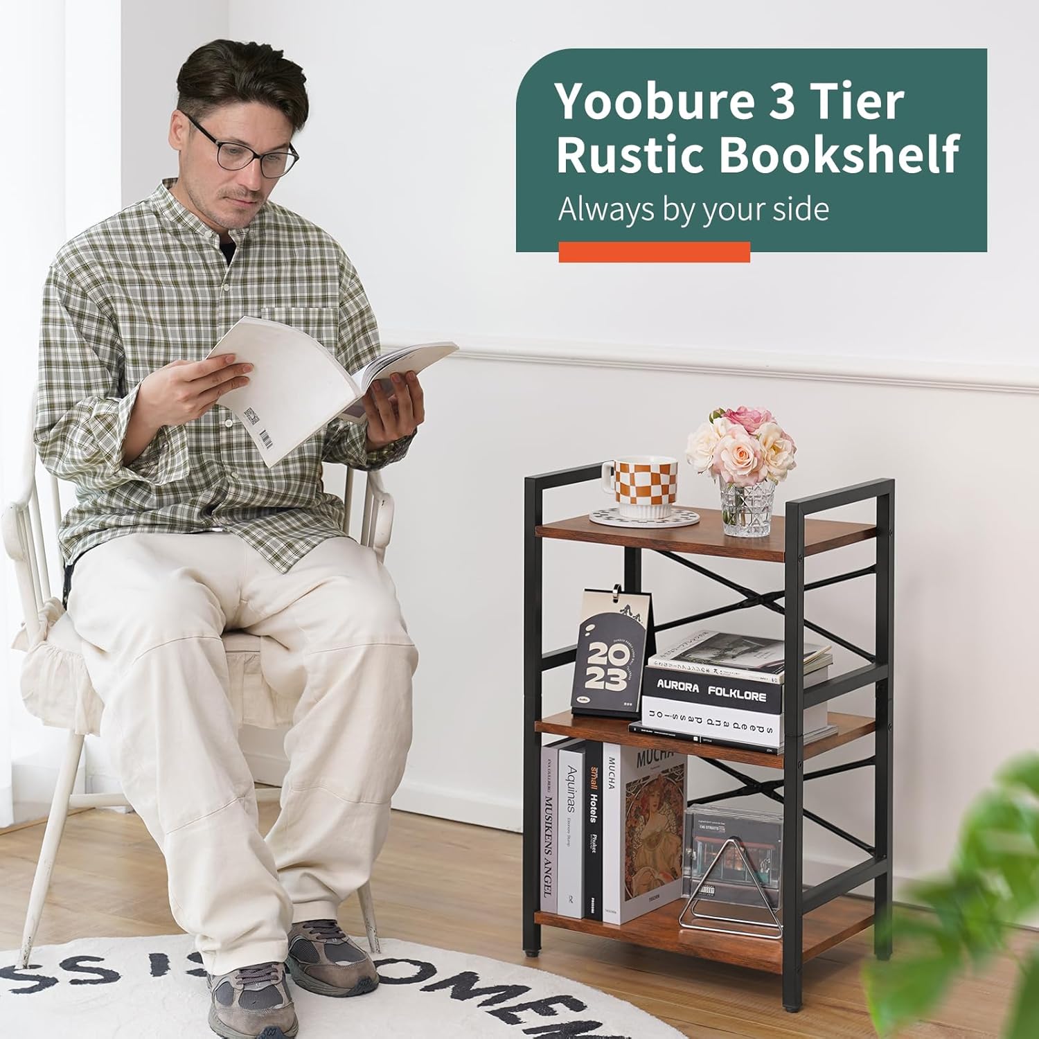 Yoobure Bookshelf Small Book Shelf, Solid Industrial 3 Tier Shelf Bookcase, Short Book Case for Bedroom, Living Room, Office Home, Small Spaces, Berry Brown - Image 7
