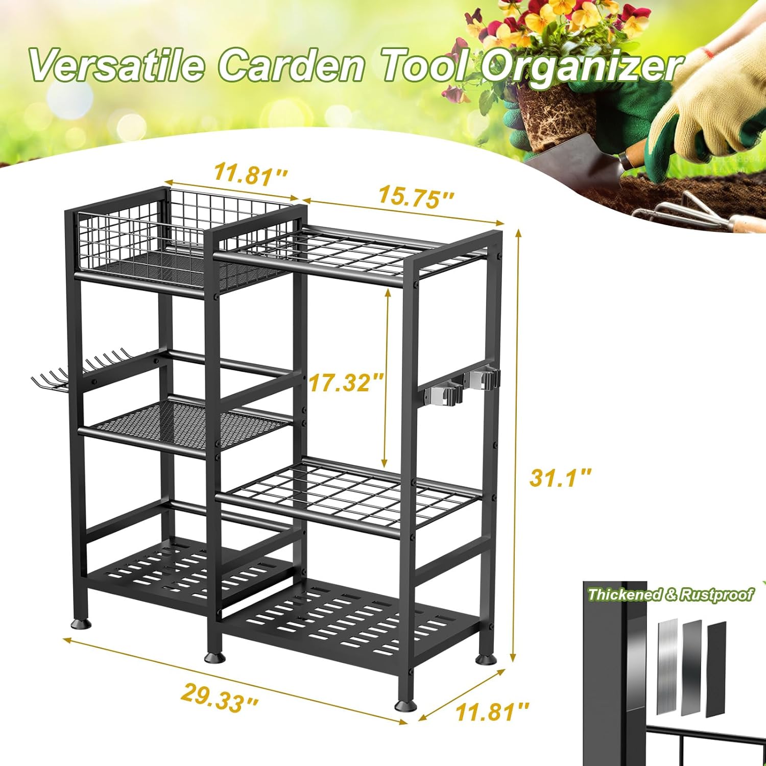 keomaisyto Garden Tool Organizer with Basket, 3 Tier Yard Tool Storage Rack for Garage Organization, Heavy Duty Garden Tool Holder with 35 Long-Handled Tool Slots for Shed, Yard, Garage - Image 7