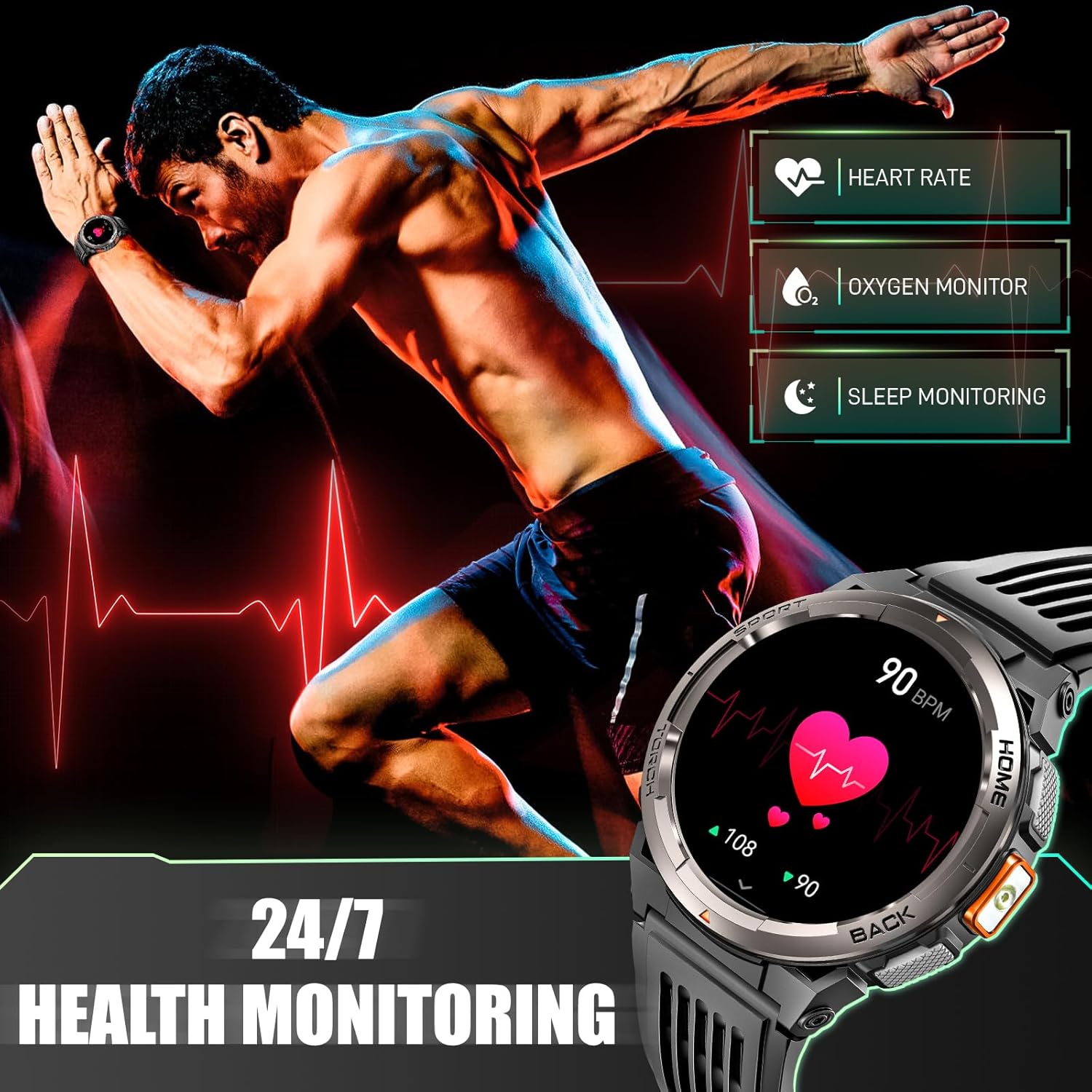 Military Smart Watch for Men with Call/LED Flashlight/3ATM Waterproof 1.45" HD Rugged Tactical Smartwatch with Compass Elevation Barometer Fitness Tracker with HR/SPO2/Sleep Monitor for iPhone Android - Image 8