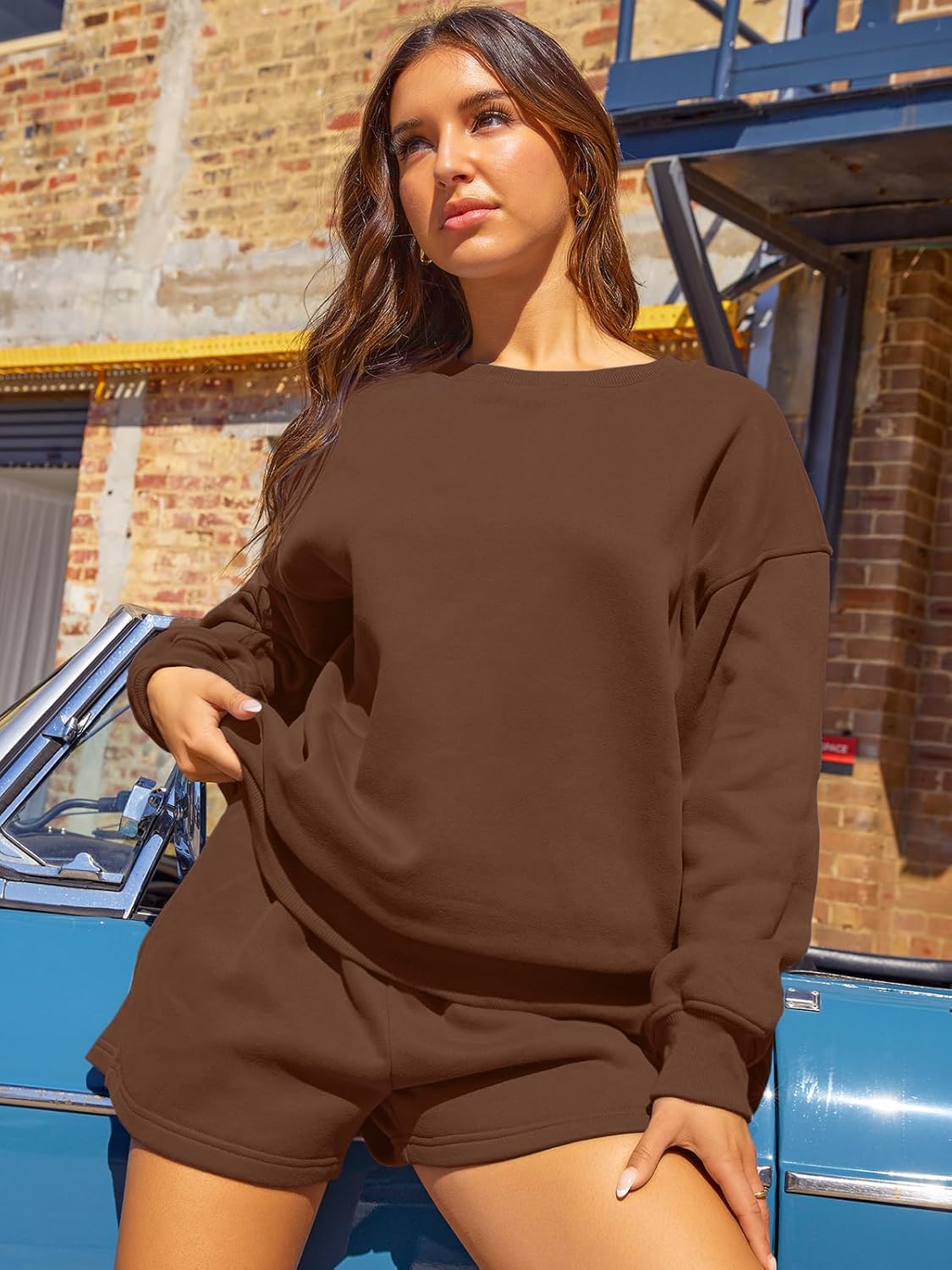 AUTOMET Womens Two Piece Outfits 2 Piece Lounge Matching Sets Fleece Sweatsuit Sweat Shorts Fashion Fall Clothes Sweatshirt - Image 3