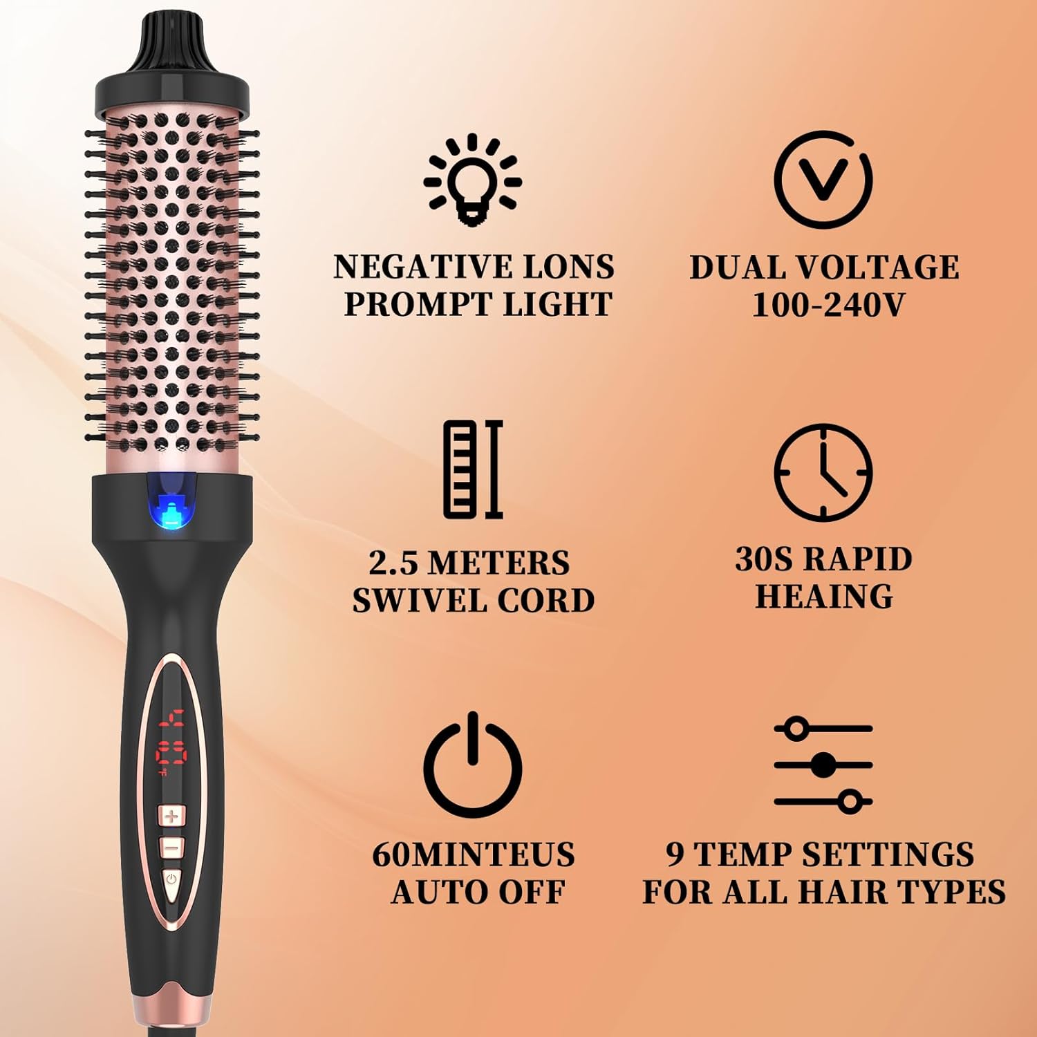 Curling Iron Thermal Brush 1.5 Inch Dual Voltage Travel-Friendly with Digital Display Temperature Ceramic Tourmaline Ionic Quick Heated Round Bush Suitable for Medium and Long Hair (Black and Gold) - Image 7