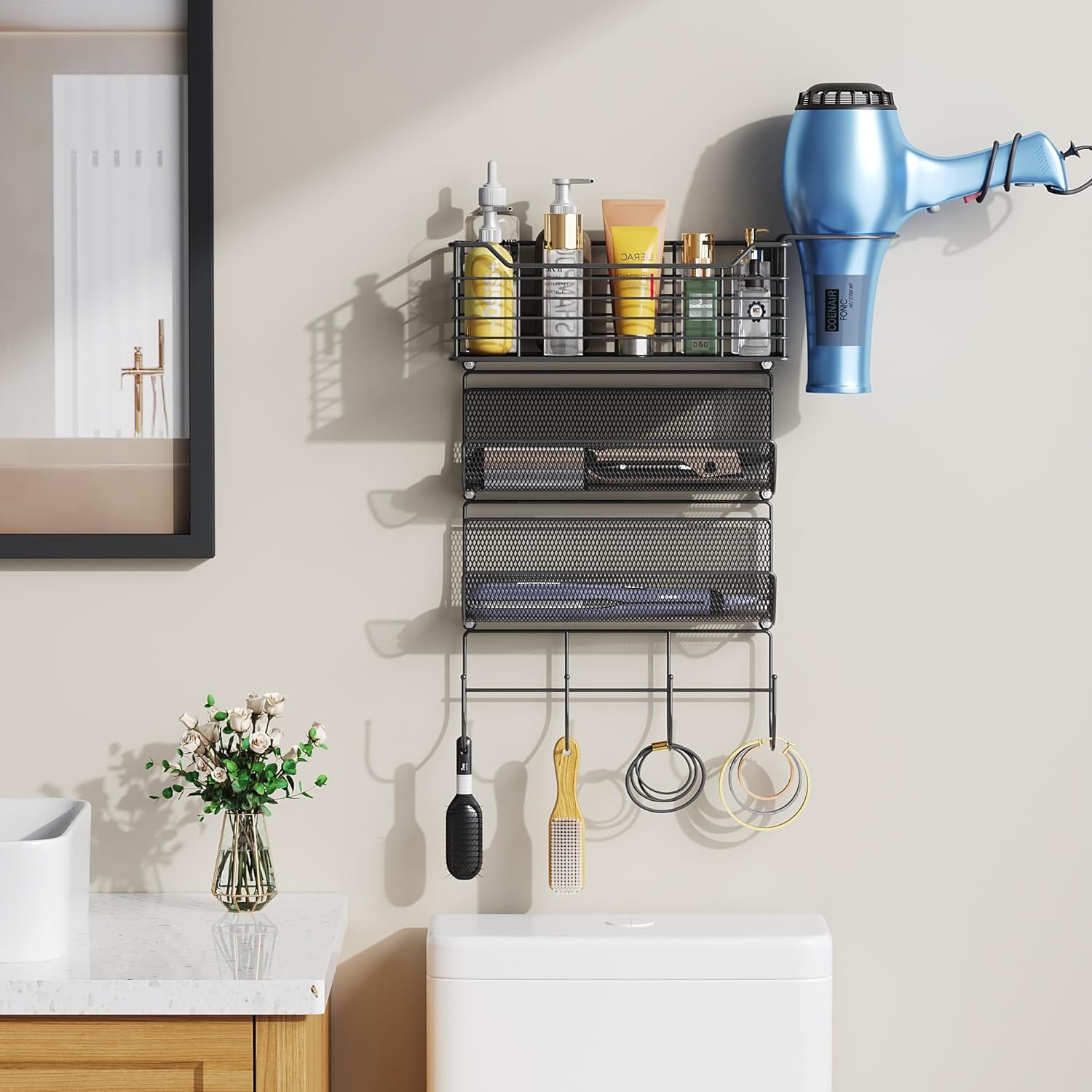 VITVITI Metal Hair Tool Organizer Wall Mount, Hair Dryer Holder with 3 Tier Shelf Basket Hooks, Bathroom Hair Styling Tool Organizer for Curling Iron/Blow Dryer/Straightener, Matte Black - Image 3