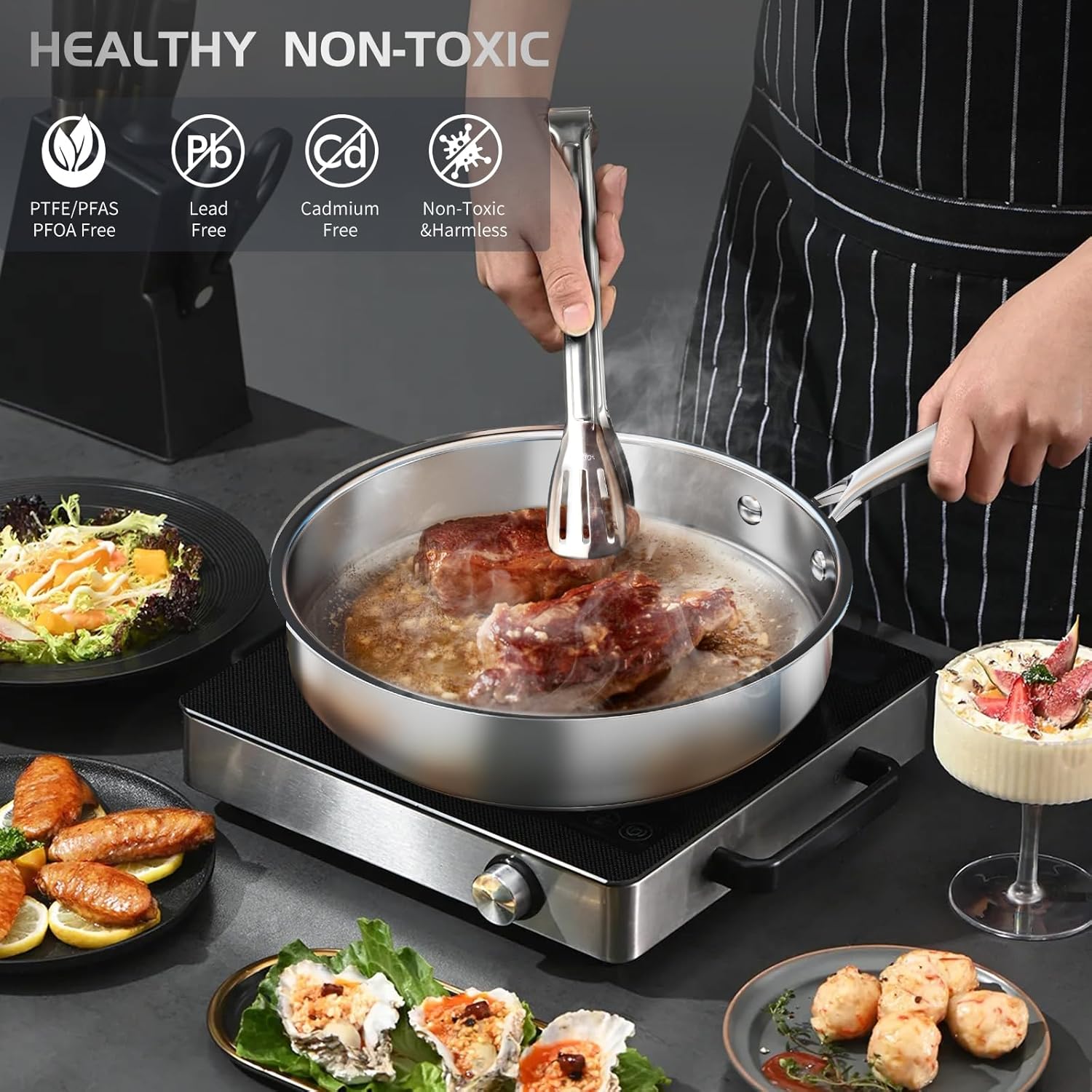 Meythway 𝐔𝐏𝐆𝐑𝐀𝐃𝐄 Pots and Pans Set Non Toxic, 16PCs Stainless Steel Cookware Set with Steamer, Kitchen Induction Cookware with Utensil Sets, Pot Protectors and Apron For Oven & Dishwasher Safe - Image 5