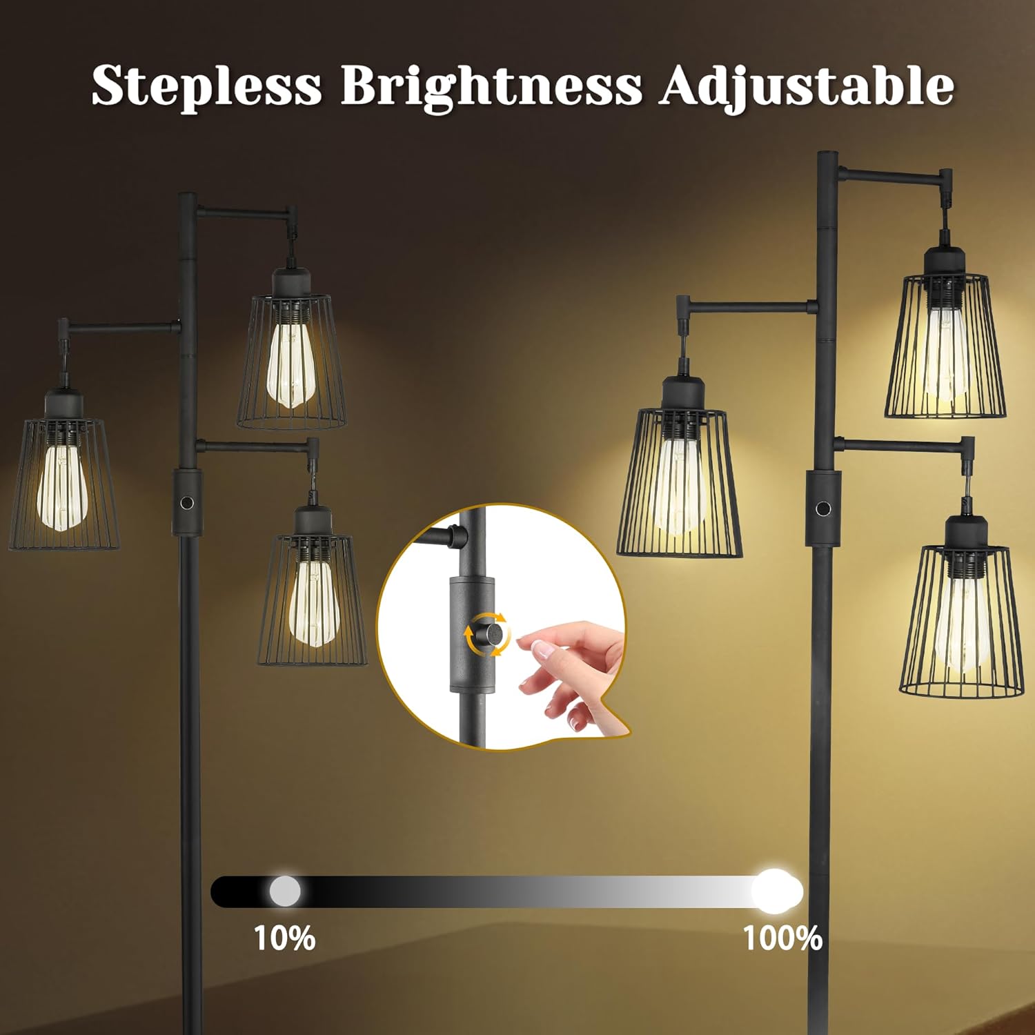 COFF Industrial Floor Lamp, 3 x 1200LM Edison LED Bulbs Included, Bright 3-Light Dimmable Floor Lamp, Farmhouse Tall Standing Lamp for Living Room, Bedroom Office Rustic Home Decor (Matte Black) - Image 6