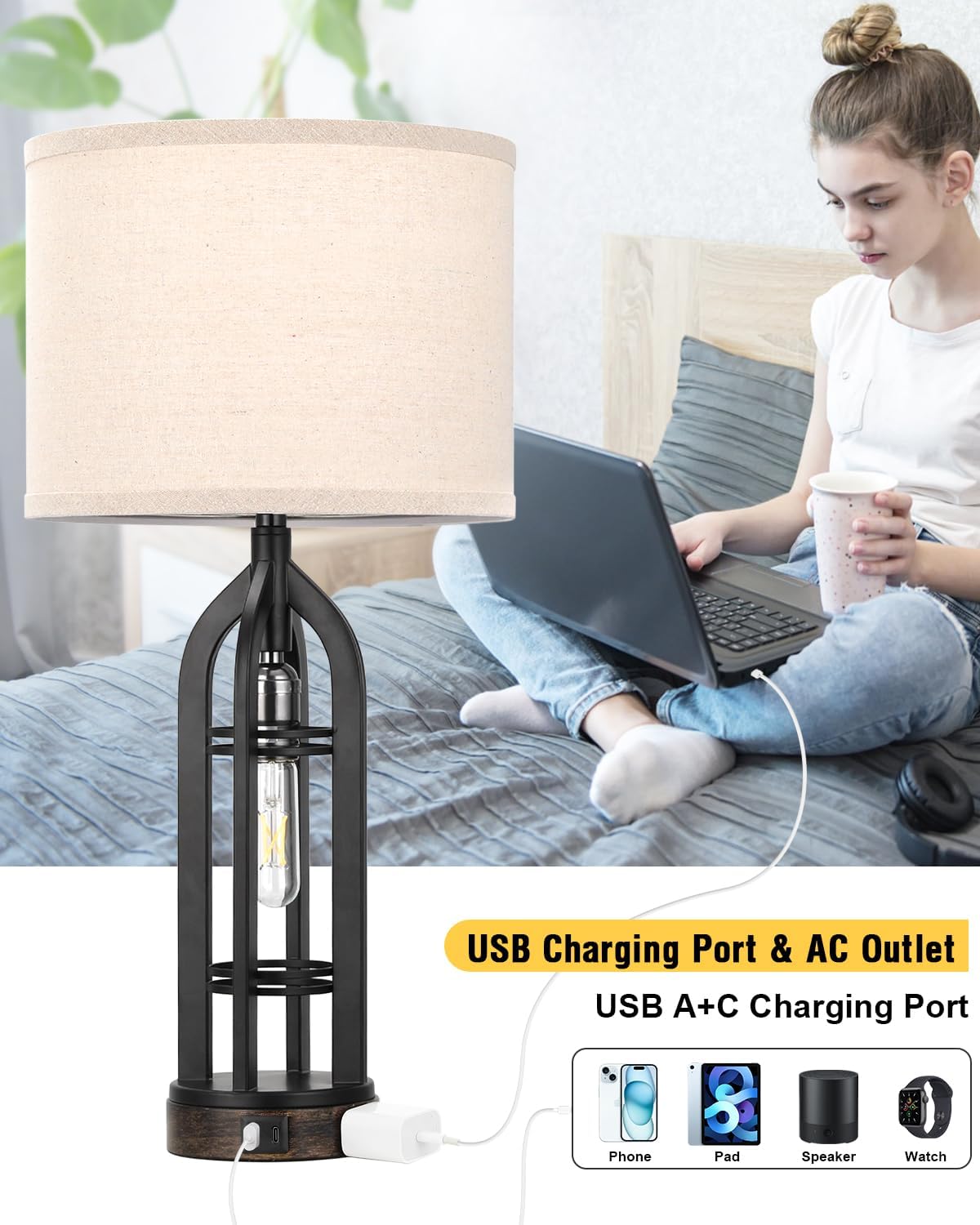 Seealle Table Lamps for Living Room Set of 2 - Bedside Lamp for Bedroom with USB C+A & Outlet, Farmhouse Lamps for Night Stands, 3-Way Dimmable Touch Lamps for Living Room - Image 5