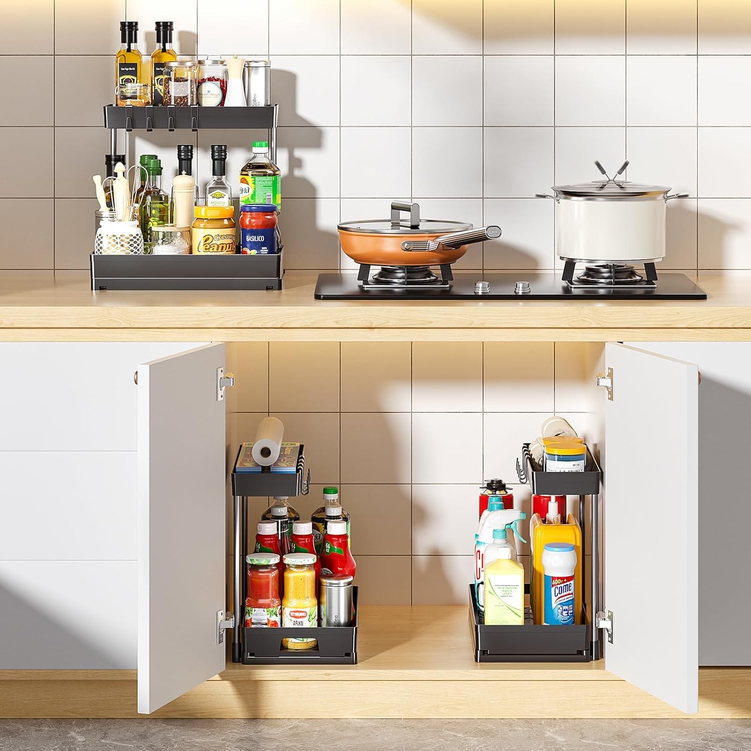 2 Pack Under Sink Organizers and Storage, 2 Tier L-Shape Pull Out Under Cabinet Organizer, Black Under Bathroom Kitchen Sink Organizer with Drawer for Under Counter Storage Organizer - Image 5