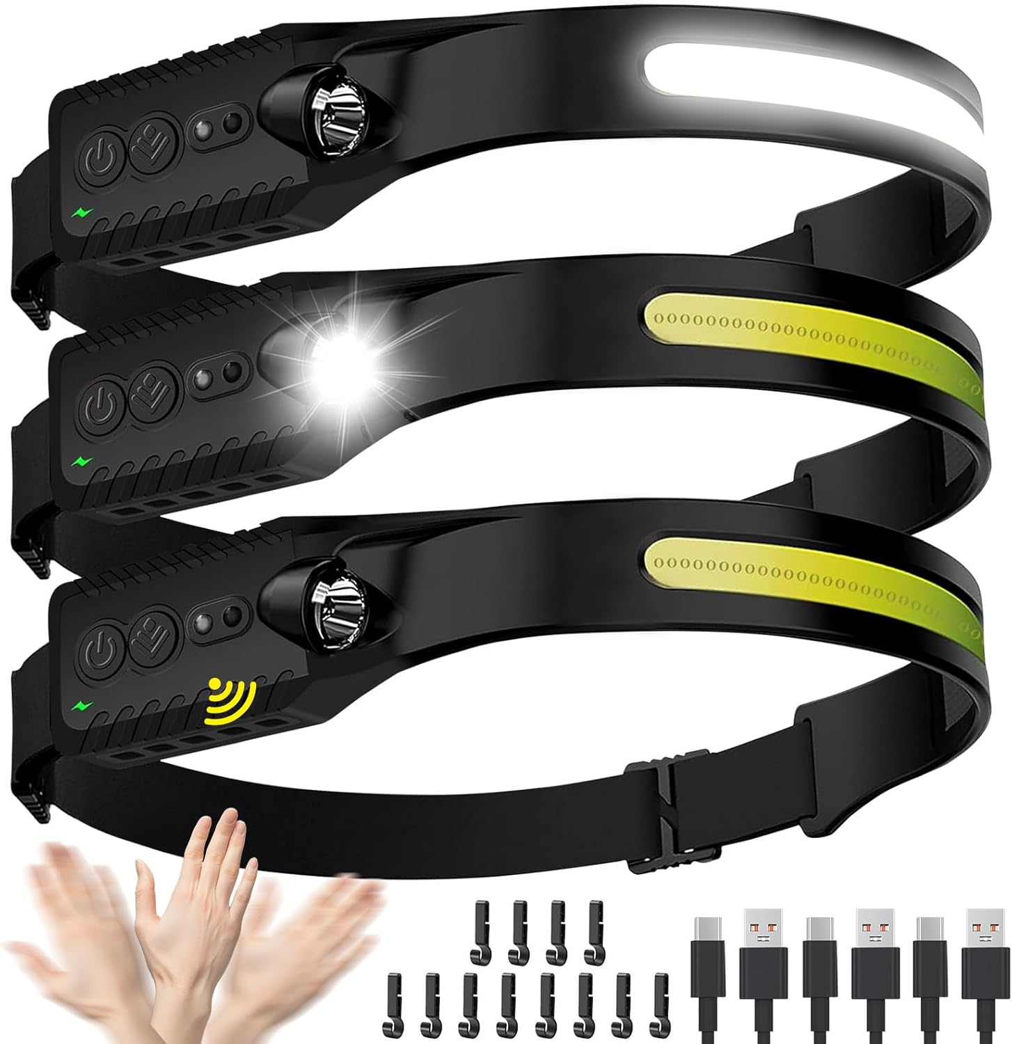 Headlamp Rechargeable (3-Pack), LED Head Lamp Flashlight, 230° Wide Beam Headband Light, 400 Lumen Super Bright, Waterproof Headlight, Motion Sensor, 5 Modes for Running, Fishing, Hiking, Camping - Image 2