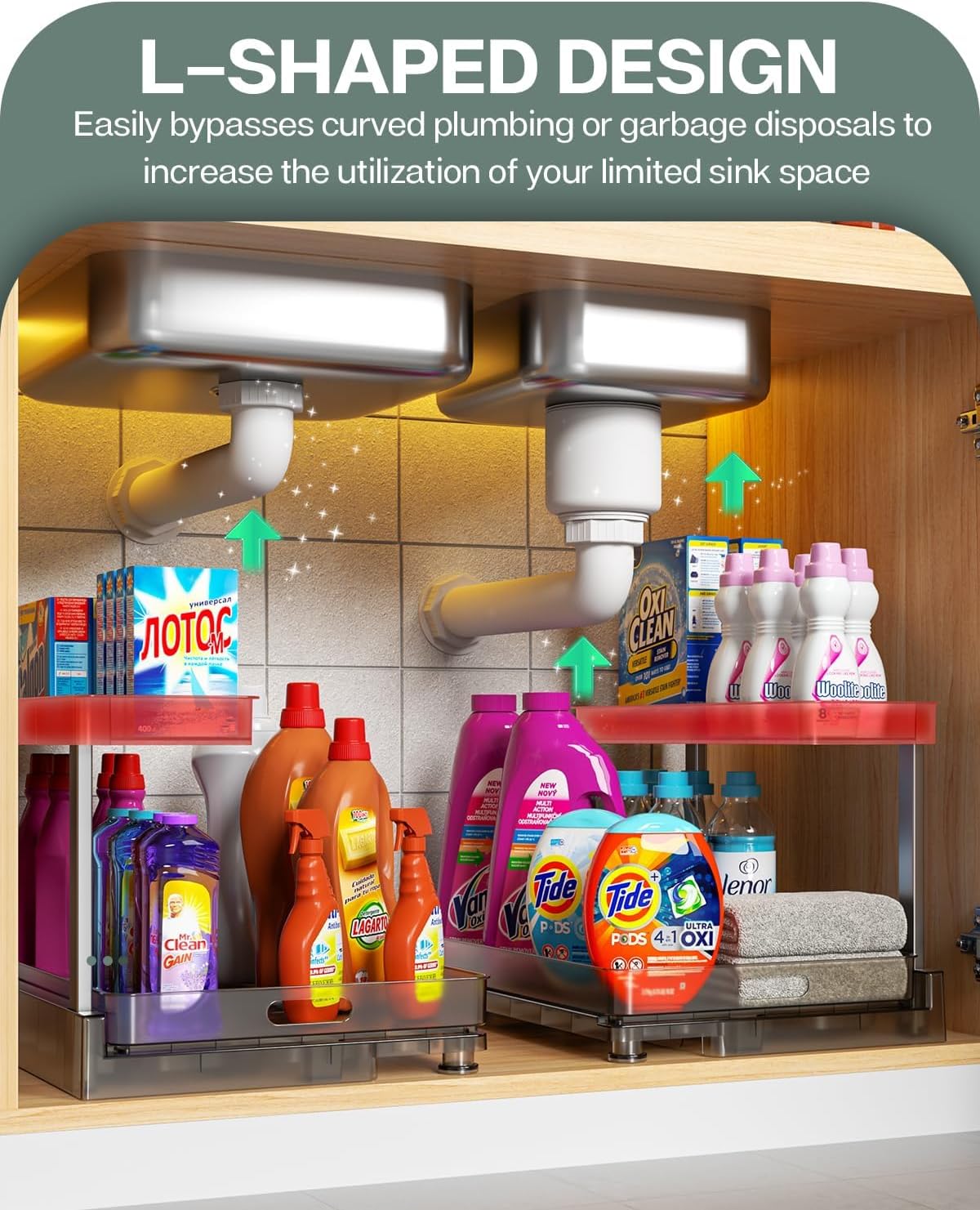 Under Sink Organizer and Storage, 2 Tier Sliding Under Sink Shelf, L Shaped Pull Out Cabinet Basket Organizer, Multi-Purpose Slide Out Organizer Rack for Bathroom, Kitchen - Image 4