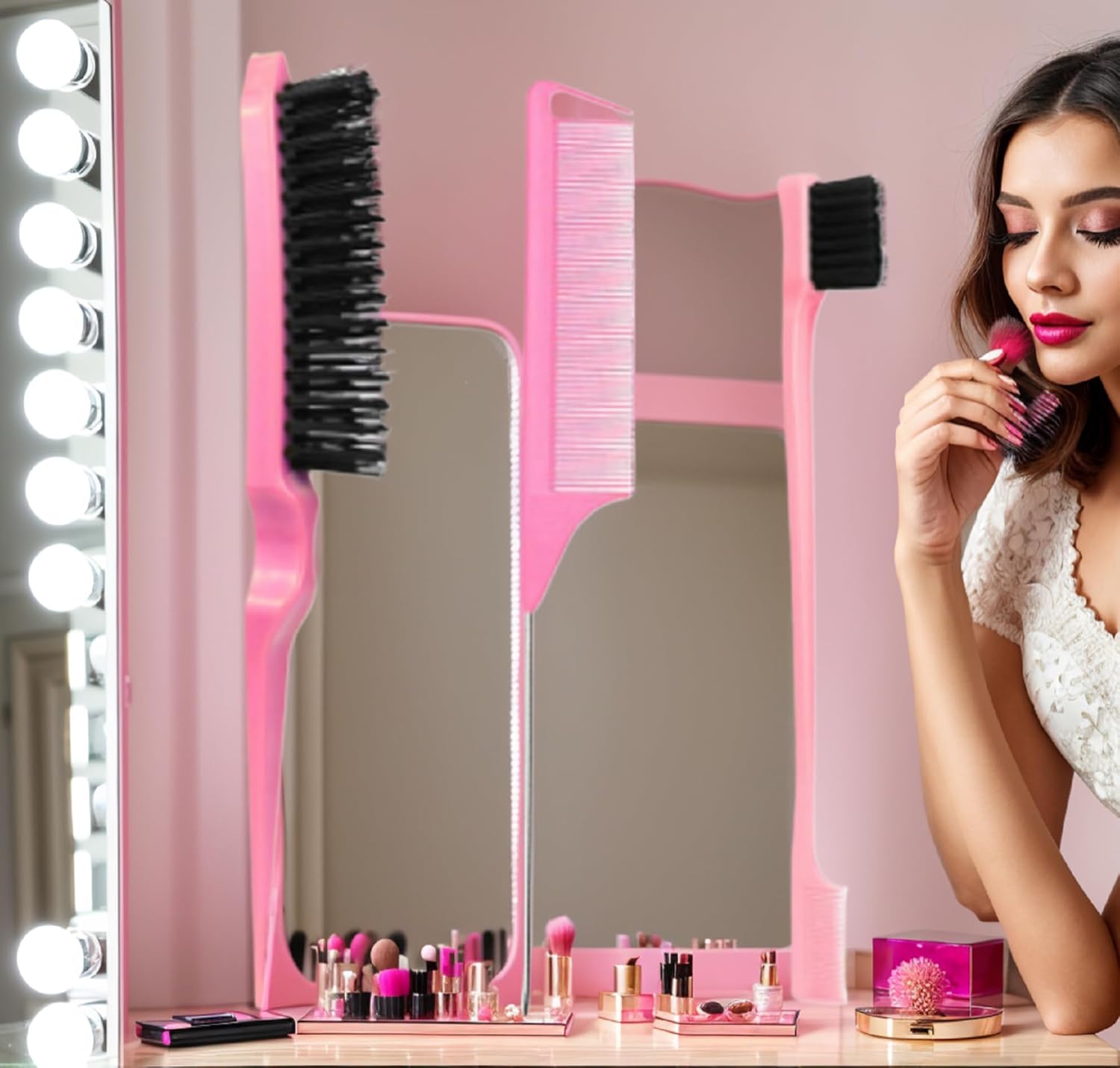Pink,Set 3 Pcs. slick back hair brush with Edge Brush, styling comb for kids for middle part,Rat Tail Comb, Teasing Brush Set for Smoothing brush Baby Hair - Image 6