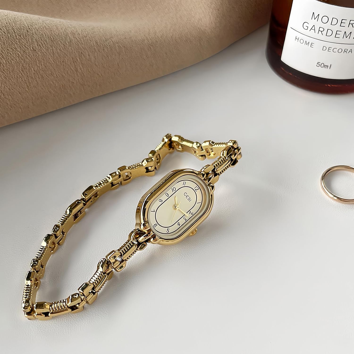 FANMIS Women's Vintage Oval Watches Luxury Minimalism Bracelet Small Gold Watch Ladies Analog Waterproof Watch Fashion Bangle Bracelet Dress Watch with Stainless Steel Band - Image 5