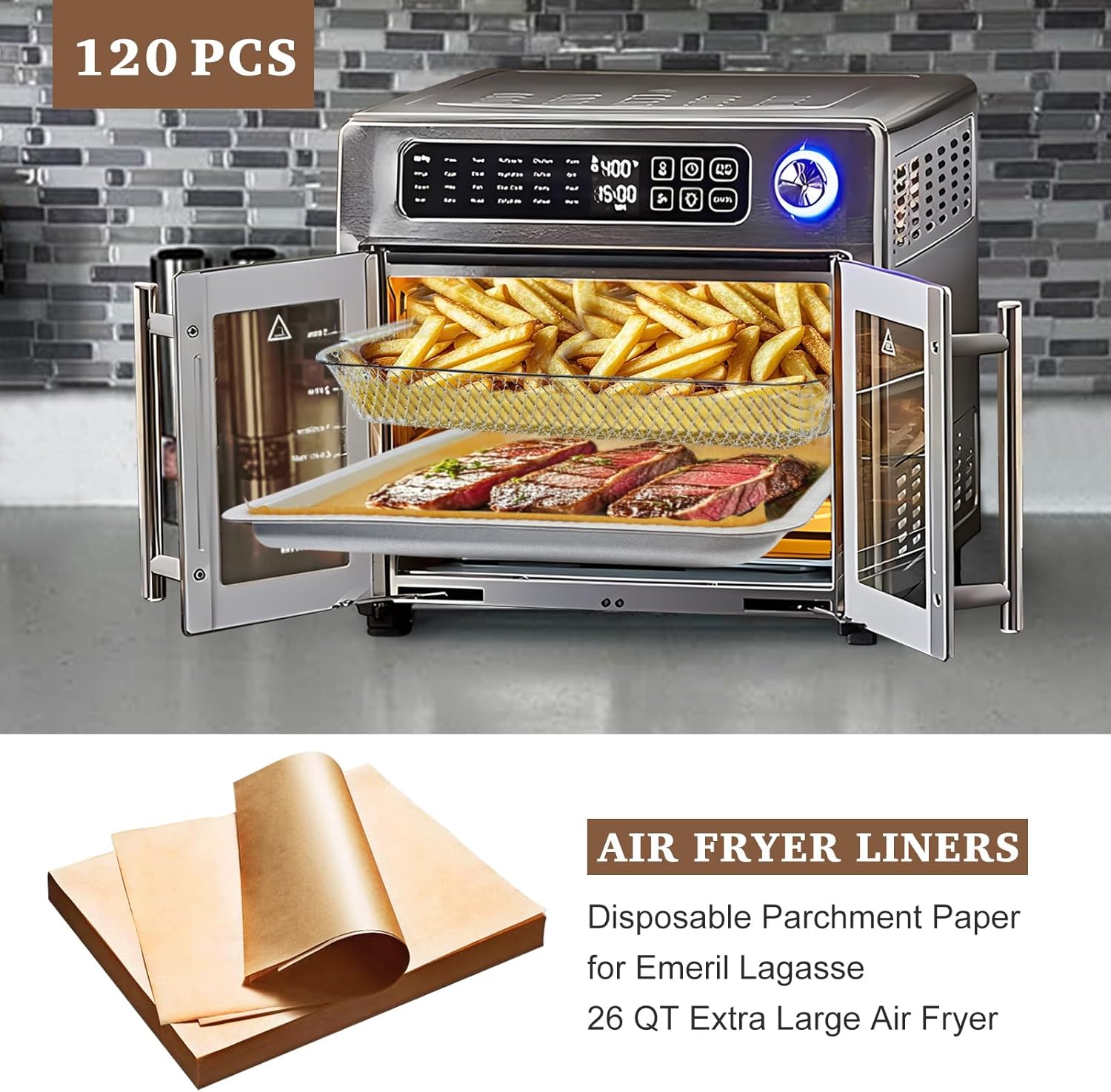 120 Pcs Air Fryer Liners Disposable Compatible with Emeril Lagasse 26 QT French Door 360 Air Fryer, 10''x11'' Airfryer Paper Liners Air Fryer Sheets for Emeril Lagasse Air Fryer Accessories - Image 3