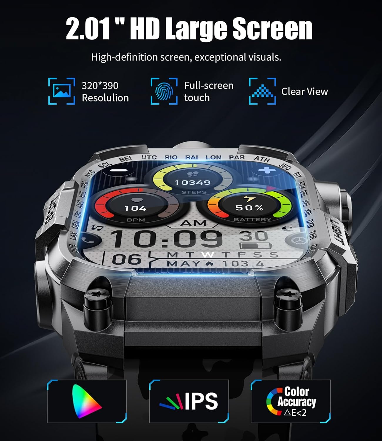 LIGE Military Smart Watch for Men(Answer/Make Calls) with LED Flashlight, 2.01" Outdoor Rugged Smartwatch, 45 Days Extra-Long Battery, 100+ Sports Fitness Tracker Watch, Smart Watch for Android iOS - Image 3