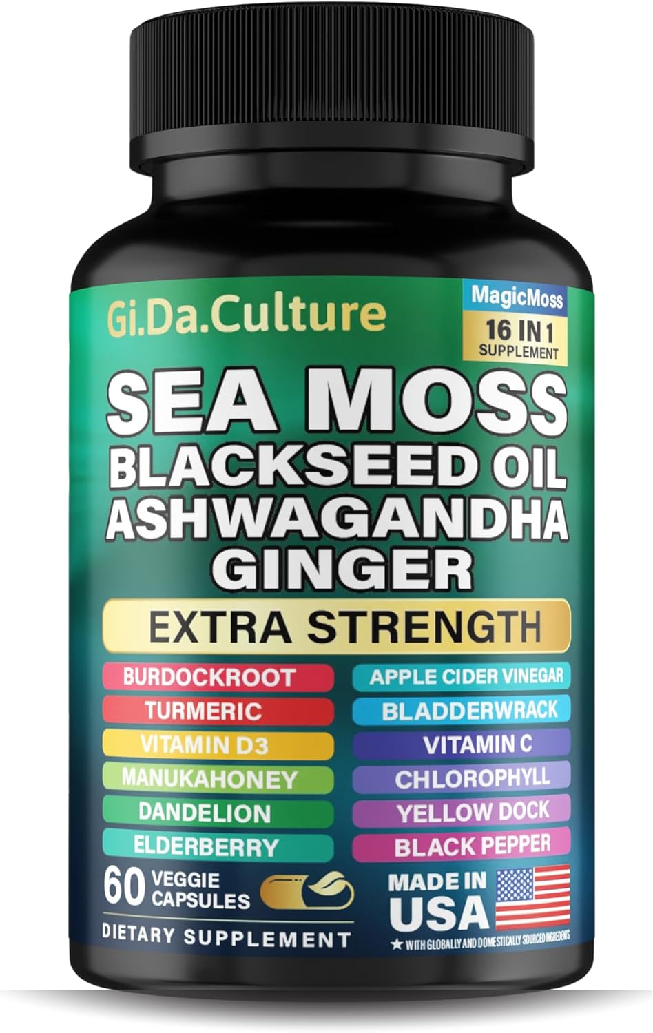 Sea Moss Capsules - Organic Irish Sea Moss Black Seed Oil Ashwagandha Ginger Burdock Root Bladderwrack Turmeric Black Pepper Vitamin C Vitamin D3-60 Veggie Capsules - Image 2