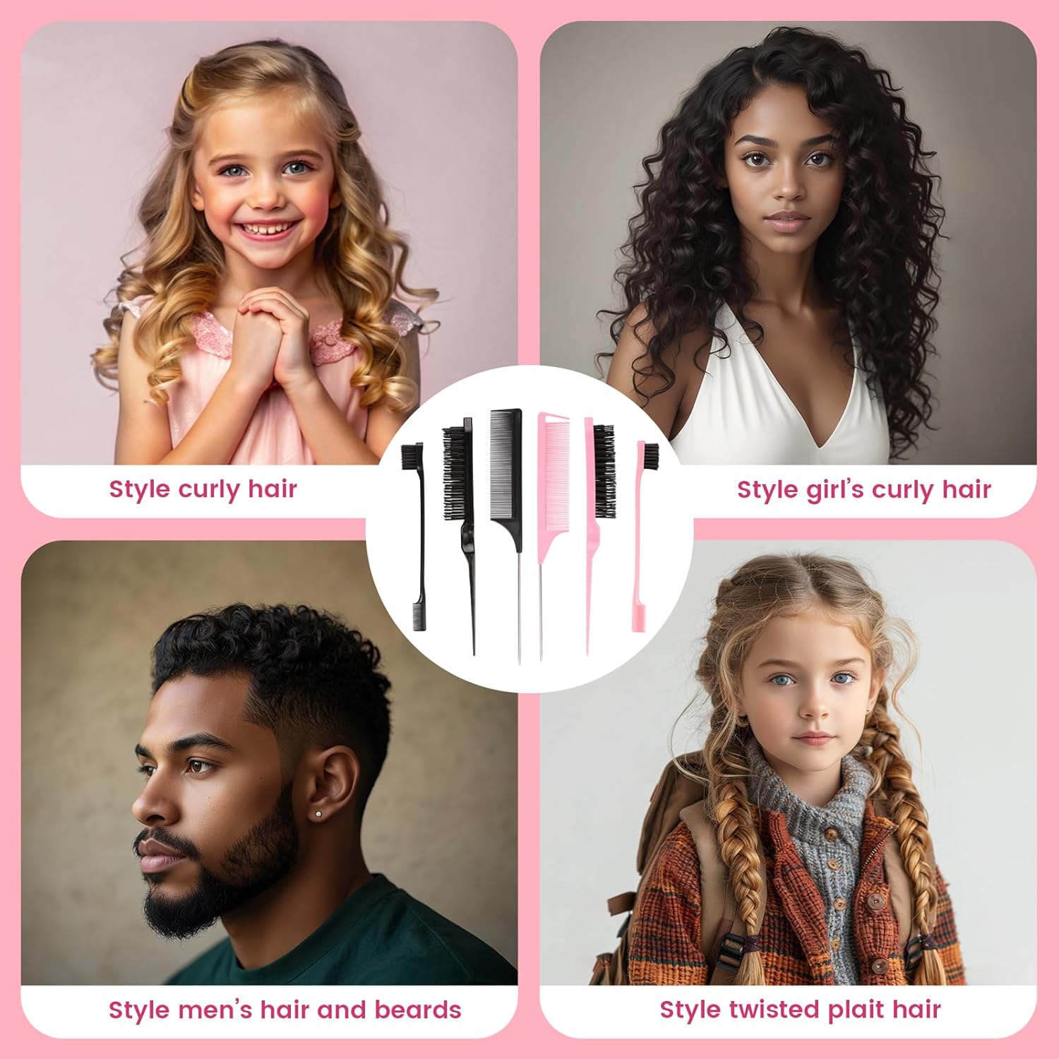 6 Pack Hair Styling Comb Set - 2 Slick Back Brushes, 2 Edge Control Brushes & 2 Rat Tail Combs for Parting, Controlling Flyaways & Smoothing Baby Hair (Black & Pink) - Image 8
