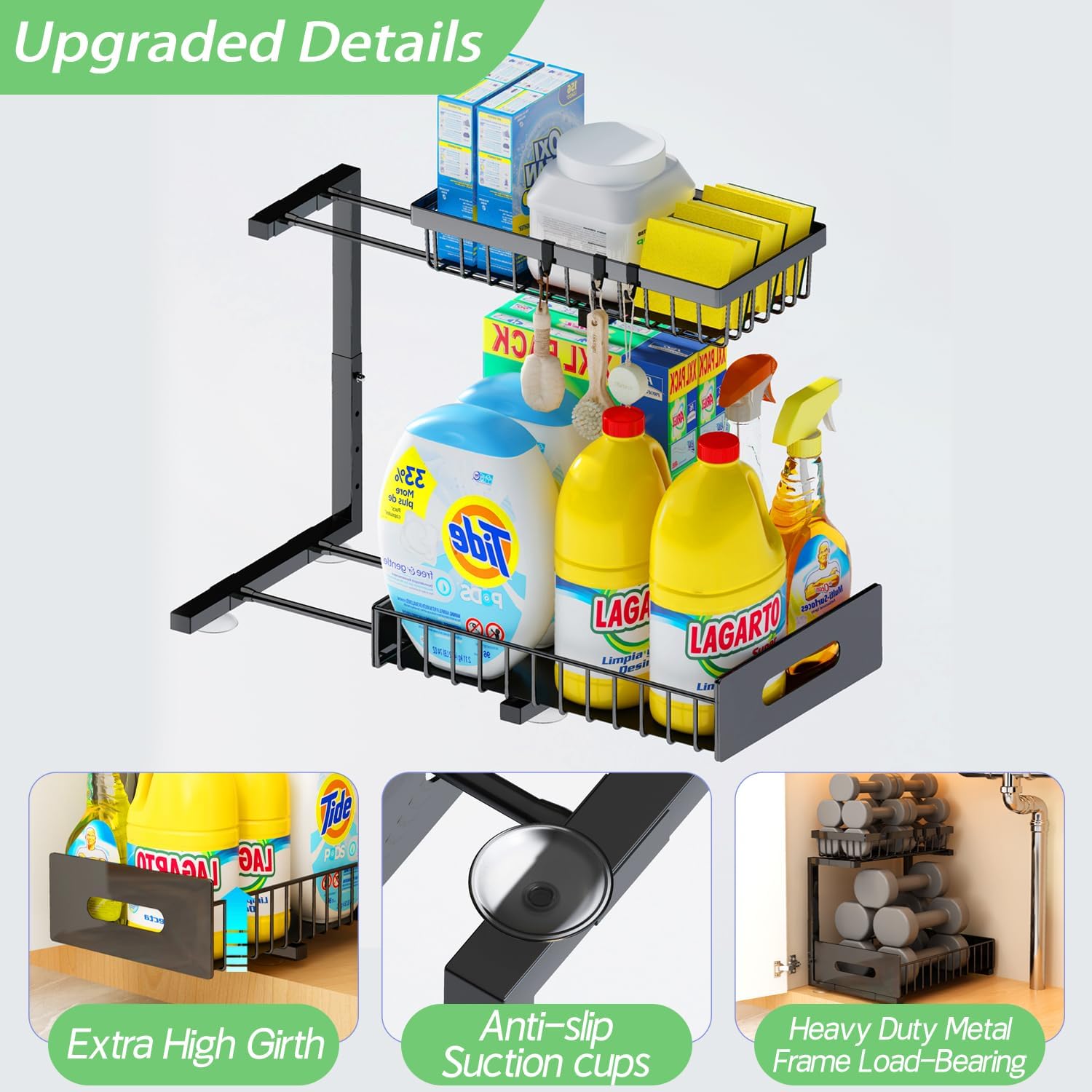Under Sink Organizer, Adjustable Shelves, 2 Pack Pull Out Cabinet Organizer Slide Out Sink Shelf Cabinet Storage Shelves, Under Sink Storage for Kitchen Bathroom Cabinet - Image 4