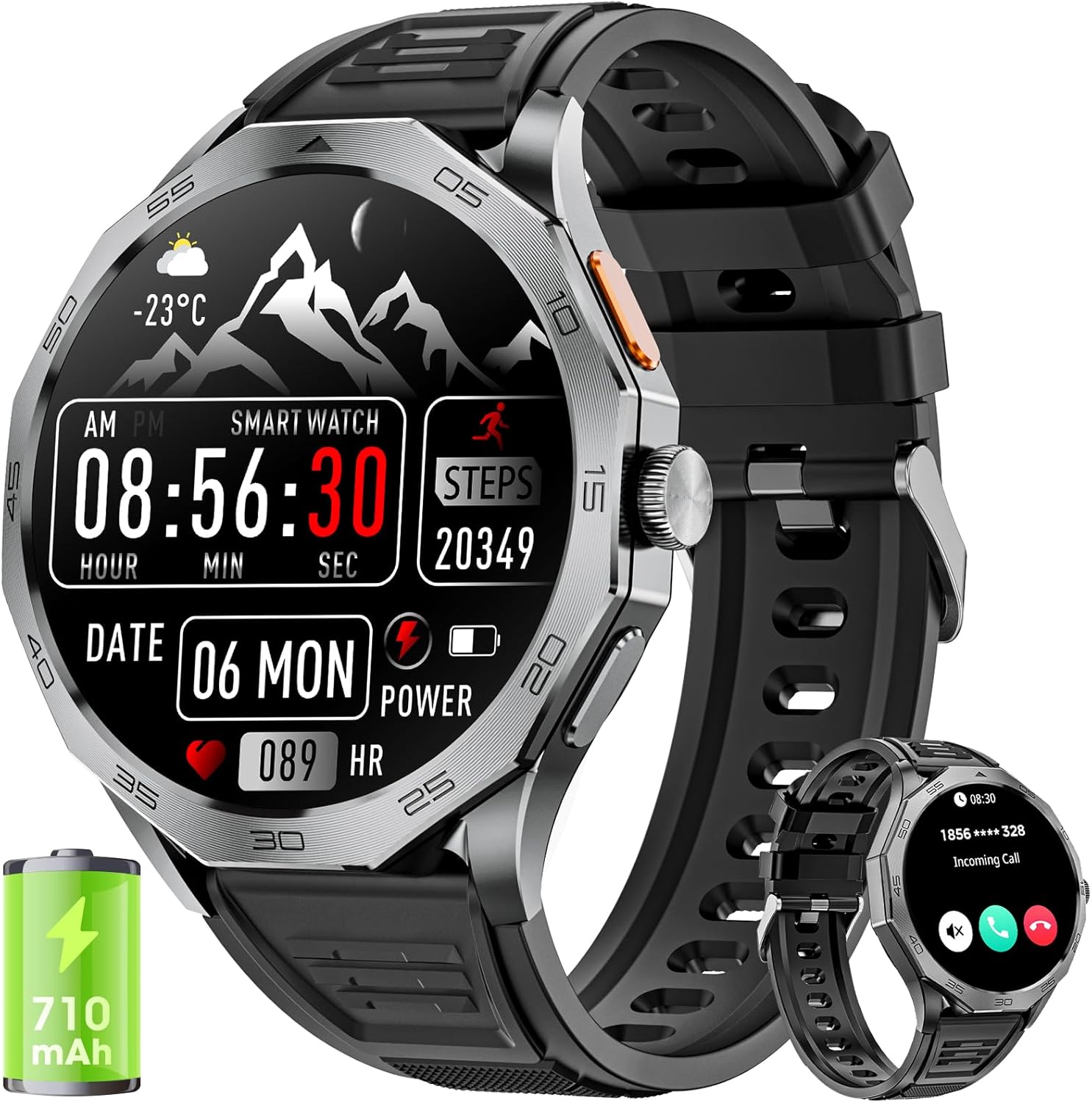 Military Smart Watch for Men 1.85" HD Ultra Screen Touch Screen 710mAh Battery Smart Watches for Android iOS (Bluetooth Call Answer/Dial Calls) Fitness Tracker with 100+ Sports - Image 2