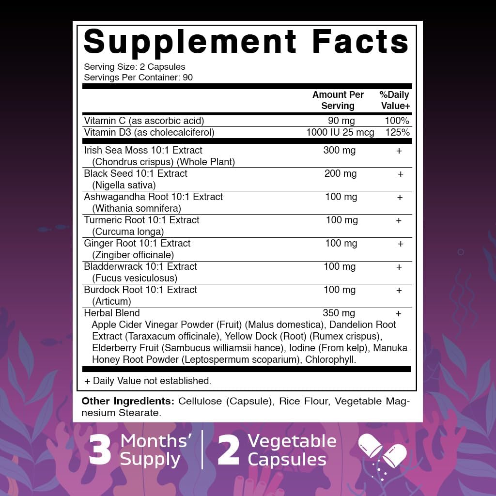 Vitamatic Sea Moss with Black Seed Oil, Ashwagandha, Turmeric, Bladderwrack & Burdock - 180 Vegan Capsules - Image 3